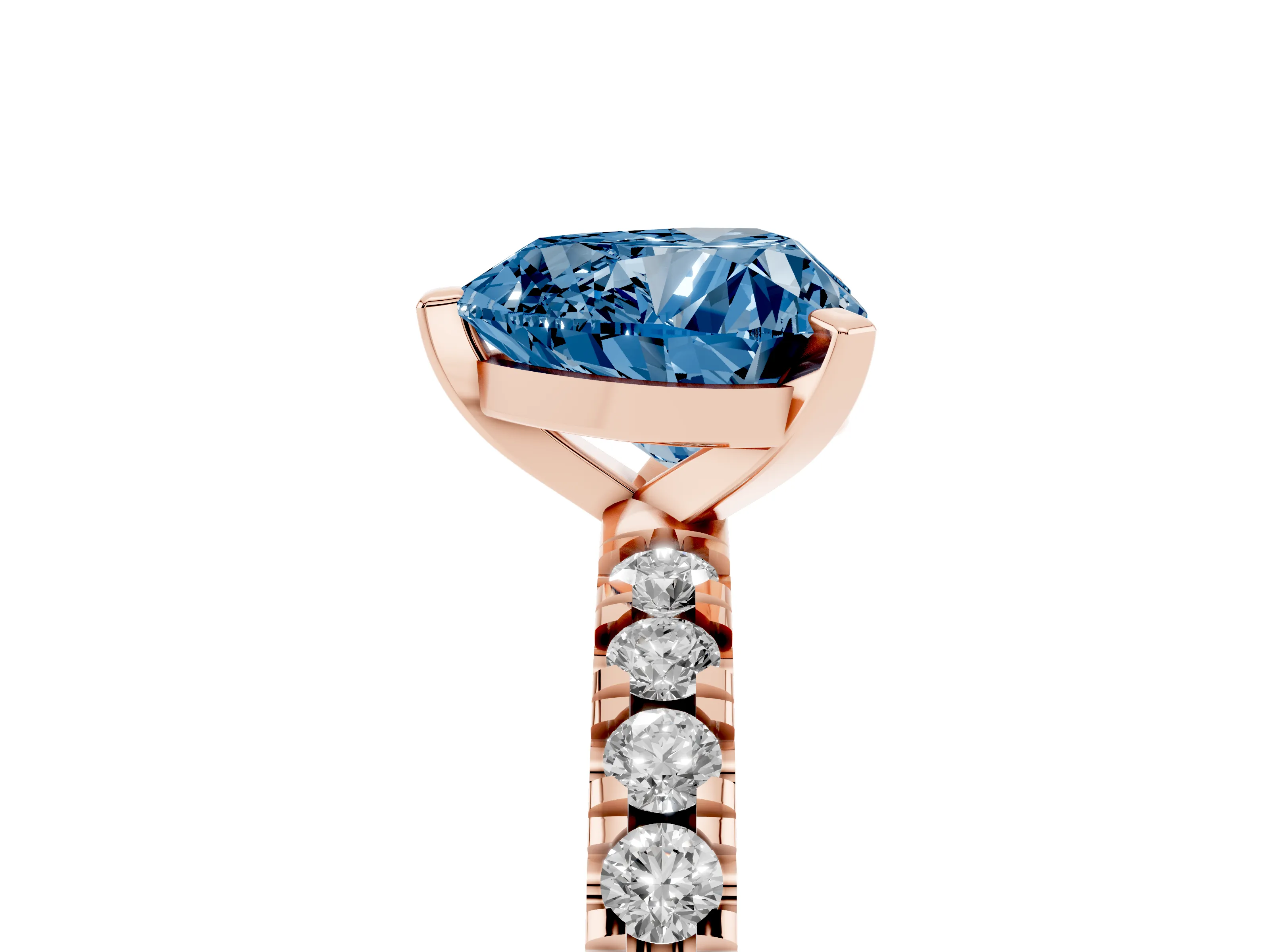Fancy Blue Heart Cut Diamond Pavé Band Solitaire Set in Rose gold with Prong Setting