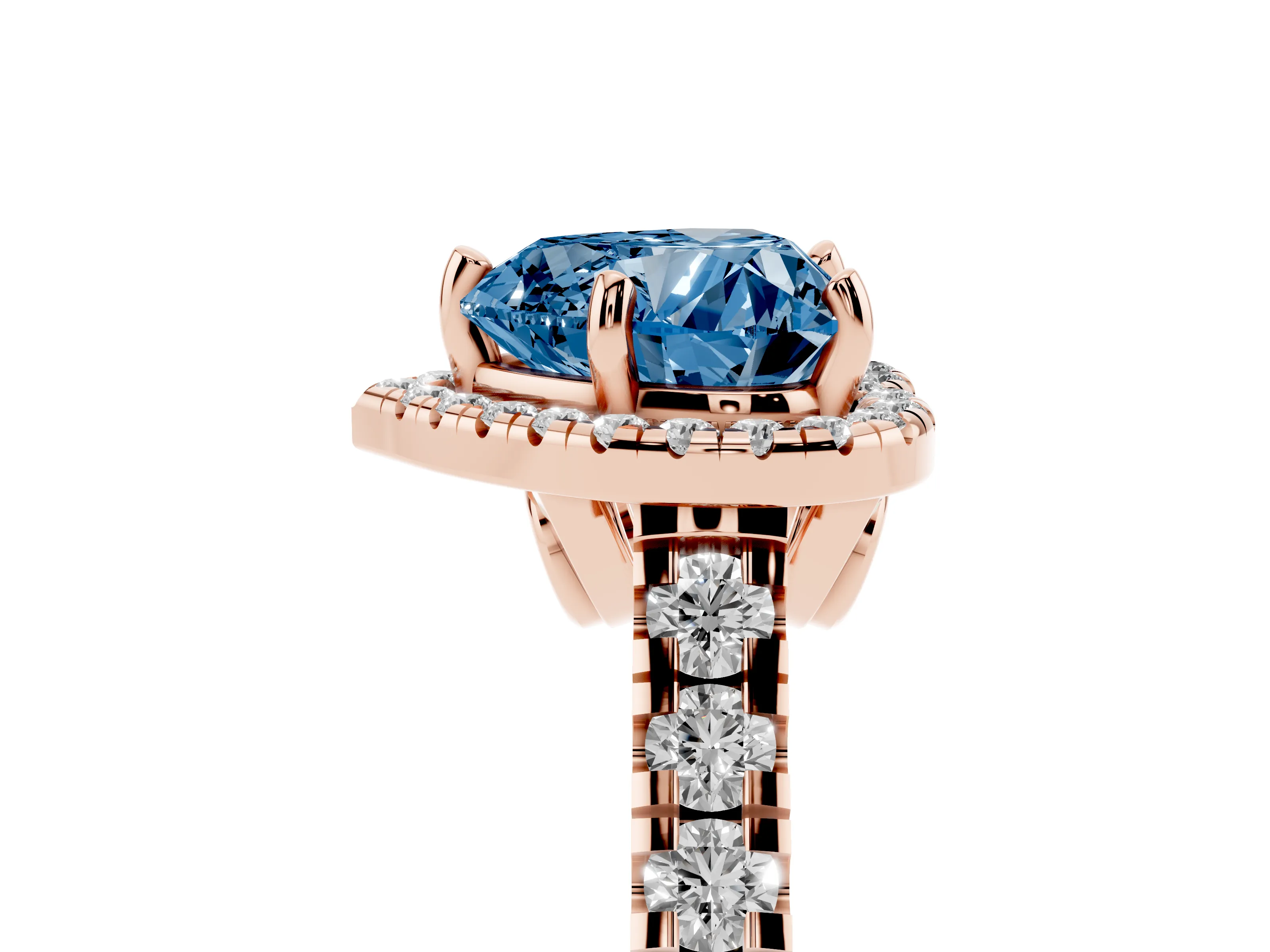 Fancy Blue Heart Cut Diamond Halo Engagement Ring Set in Rose gold with Pavé Band and Prong-Set Center