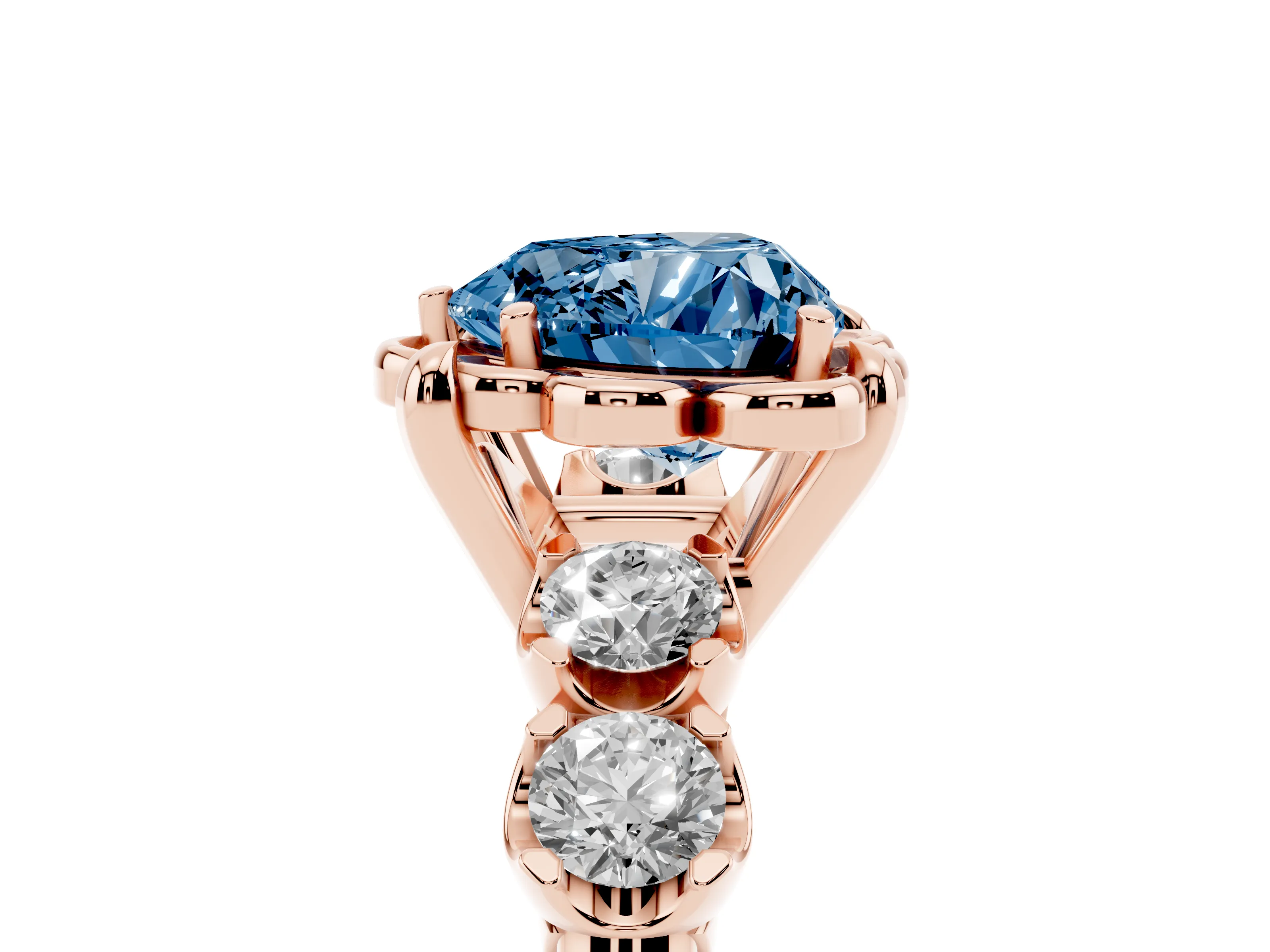 Fancy Blue Heart Cut Diamond Floral Halo Ring Set in Rose gold with Shared Prong Band