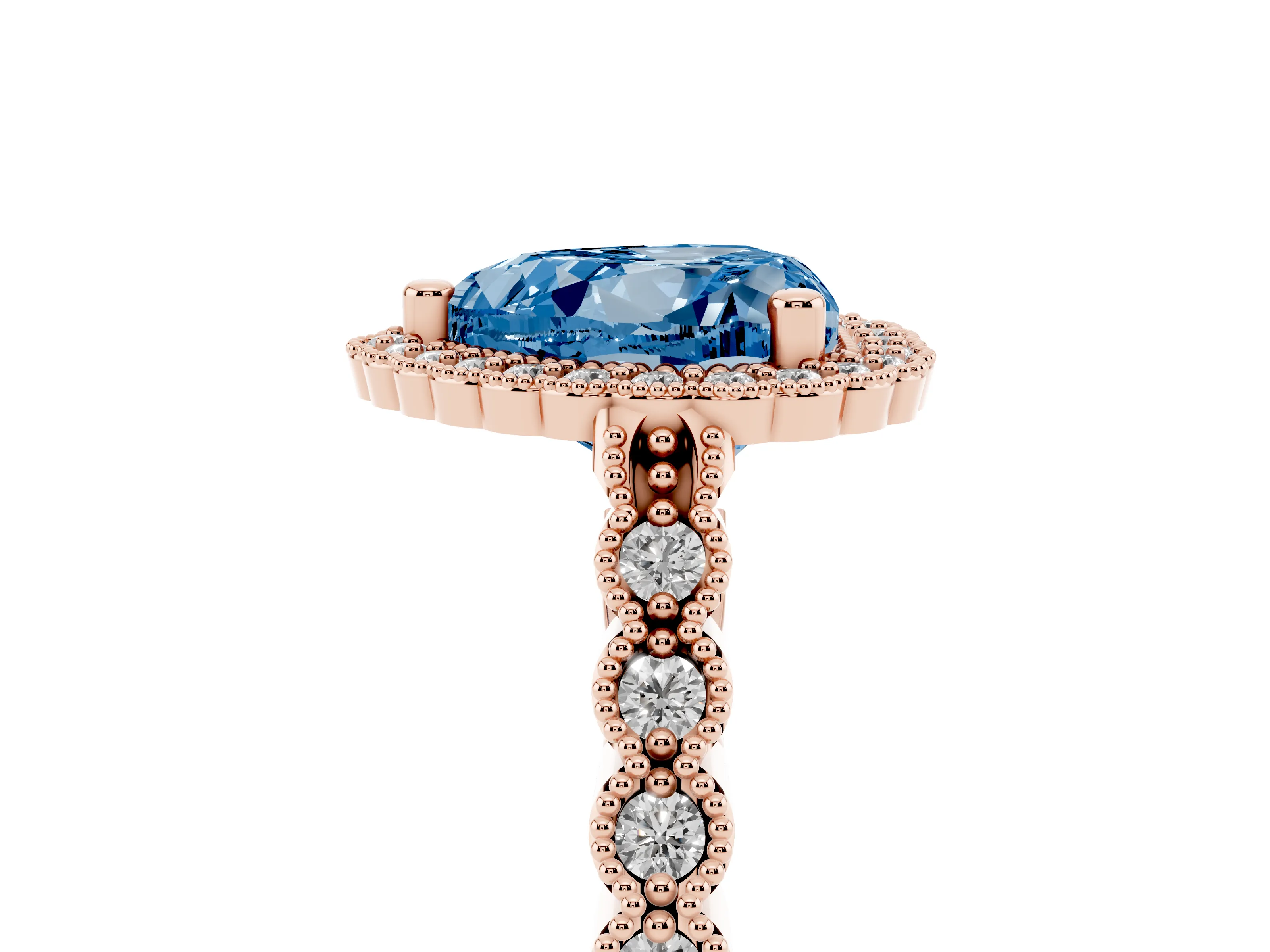 Fancy Blue Heart Cut Diamond Halo Ring Set in Rose gold with Pavé Milgrain Band