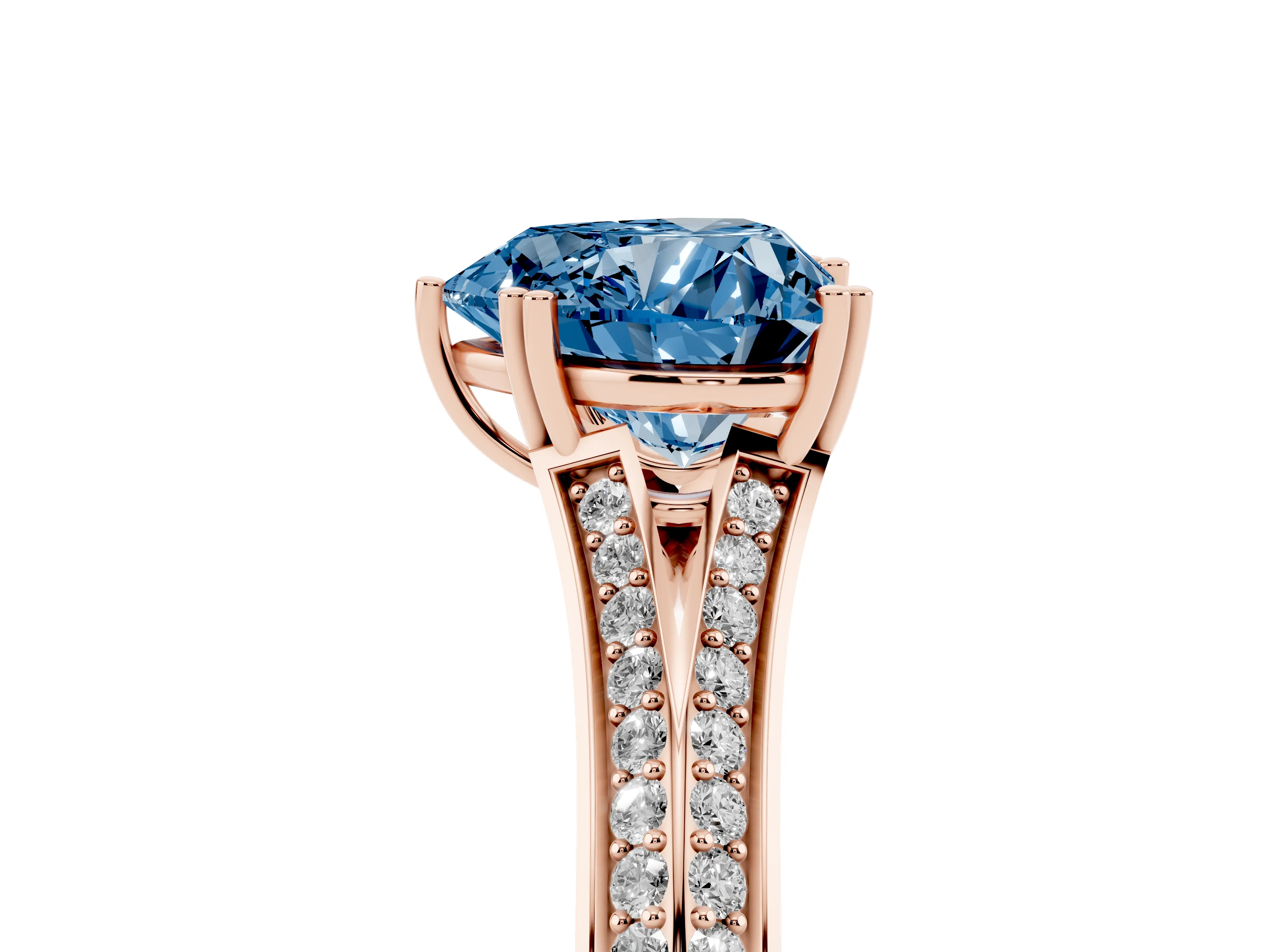 Fancy Blue Heart Cut Diamond Split Shank Pavé Engagement Ring Set in Rose gold with Prong-Set Center Stone