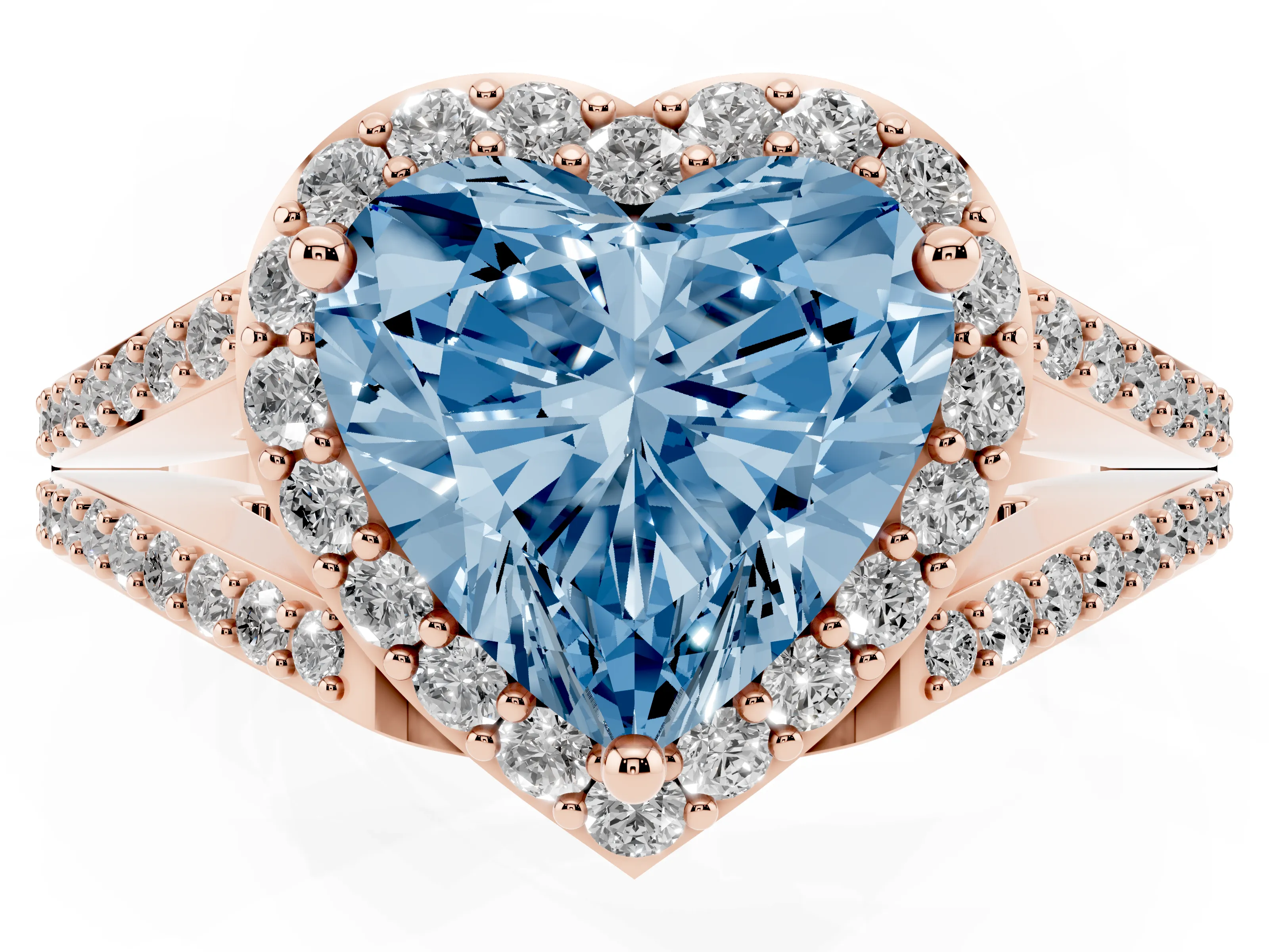 Fancy Blue Heart Cut Diamond Halo Split Shank Pavé Ring Set in Rose gold with Prong Setting