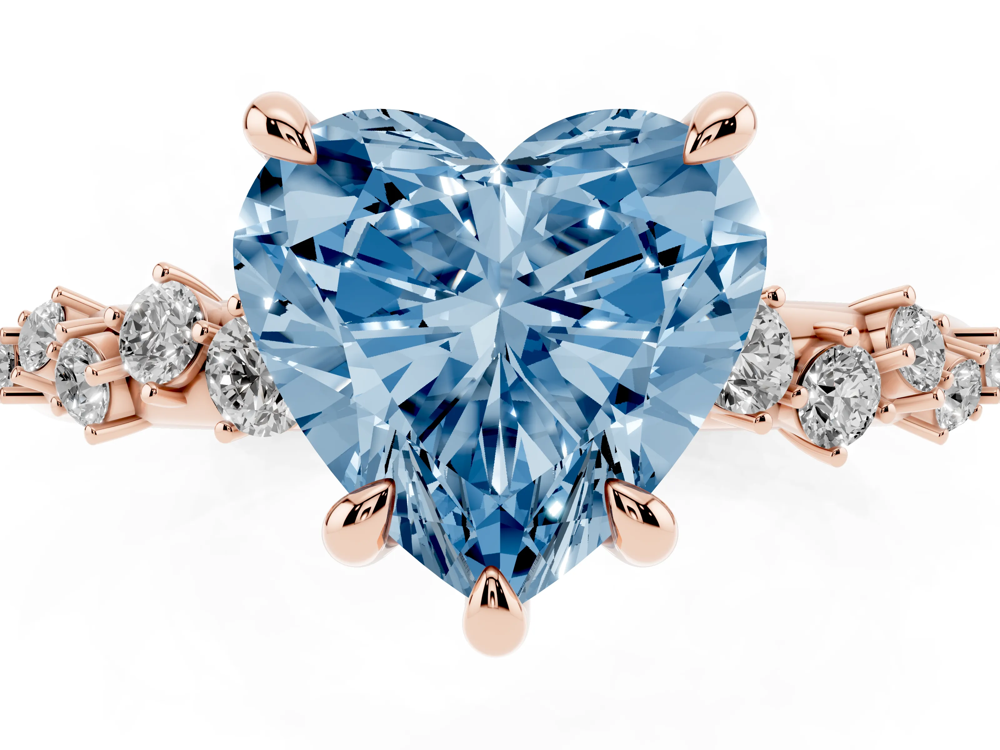 Fancy Blue Heart Cut Diamond Solitaire Vine Band Ring Set in Rose gold with Round Accents and Prong Setting