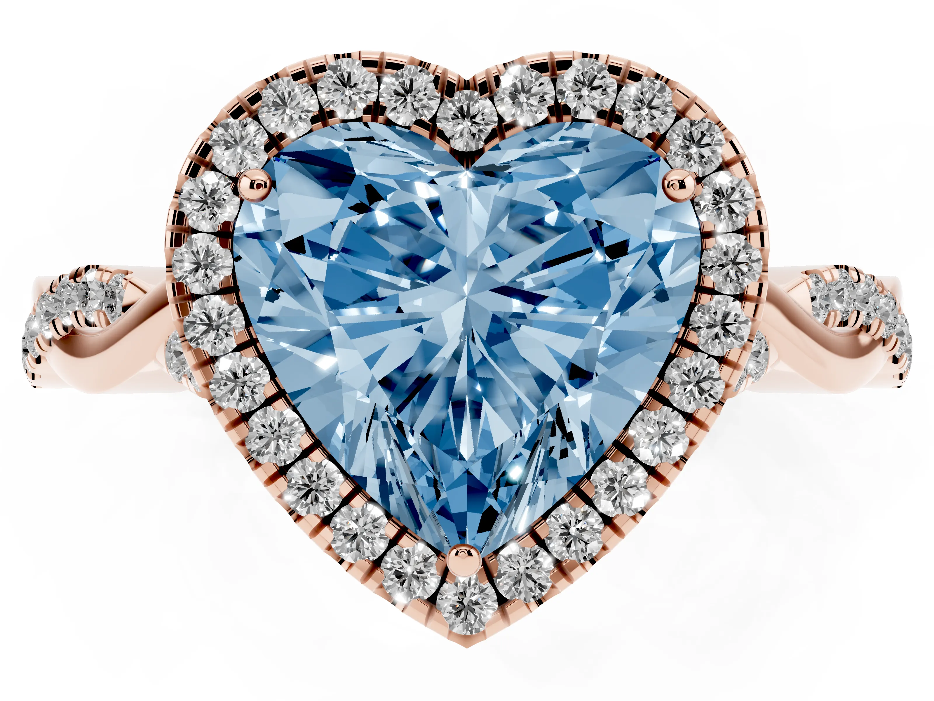 Fancy Blue Heart Cut Diamond Halo Twist Band Solitaire Ring Set in Rose gold with Prong Setting