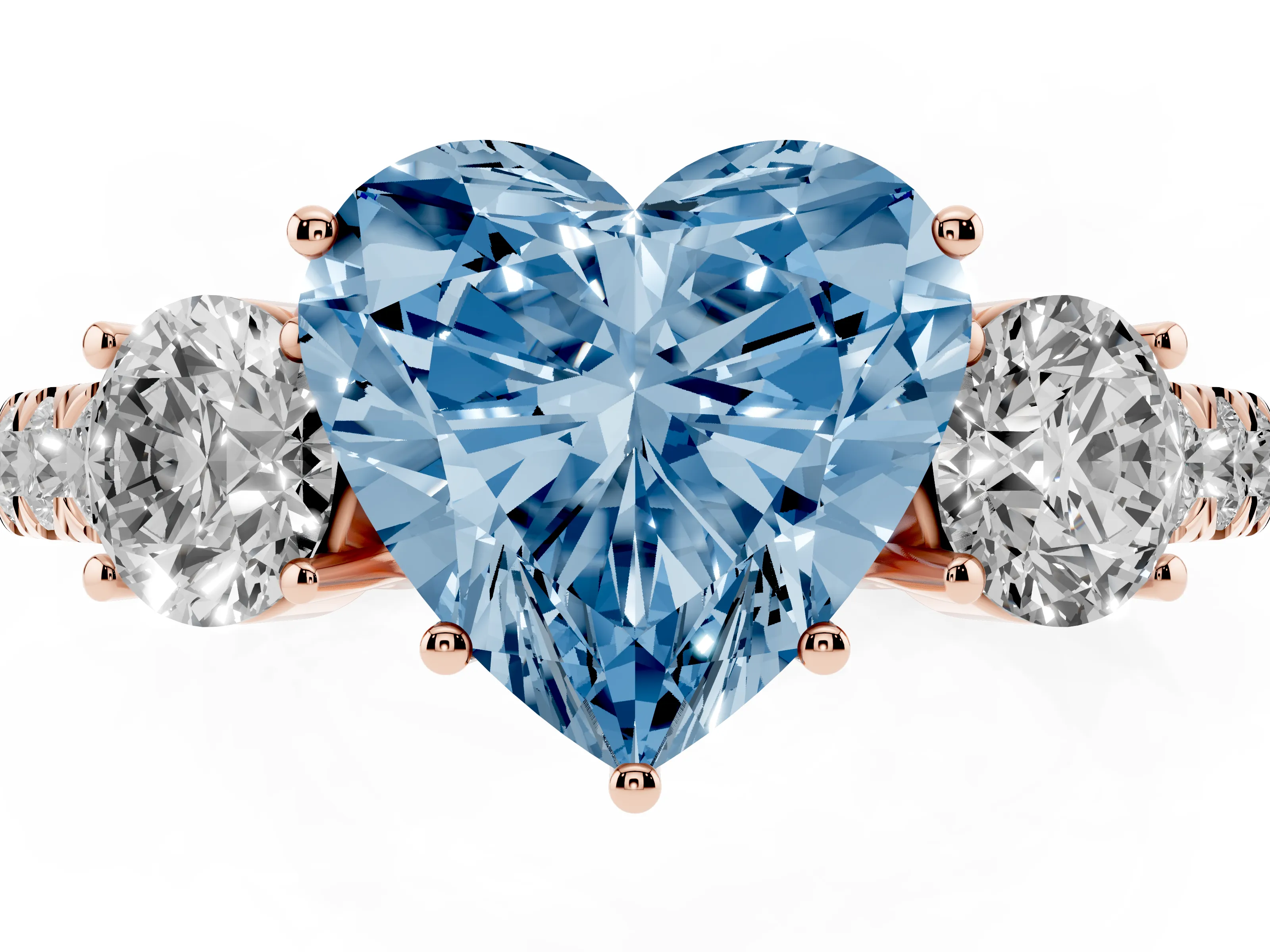 Fancy Blue Heart Cut Diamond Three-Stone Ring Set in Rose gold with Round Side Stones and Delicate Pavé Band
