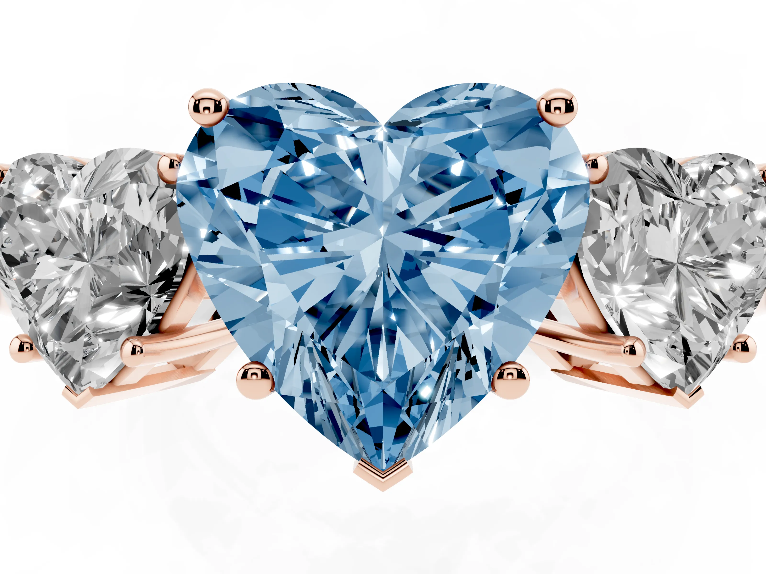 Fancy Blue Heart Cut Diamond Three-Stone Engagement Ring Set in Rose gold with Flat Band