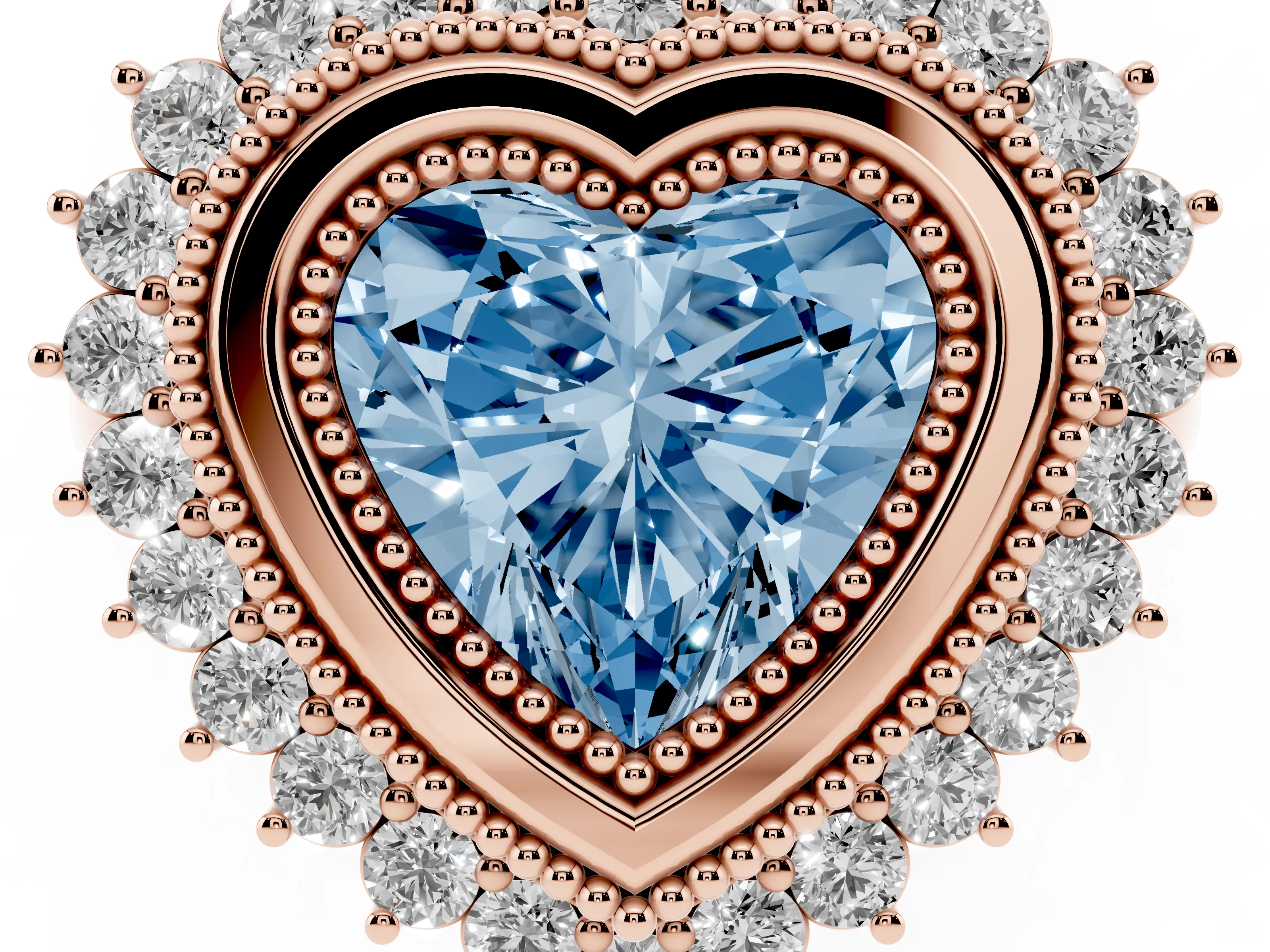 Fancy Blue Heart Cut Diamond Halo Ring Set in Rose gold with Milgrain Edge and Round Prong Setting