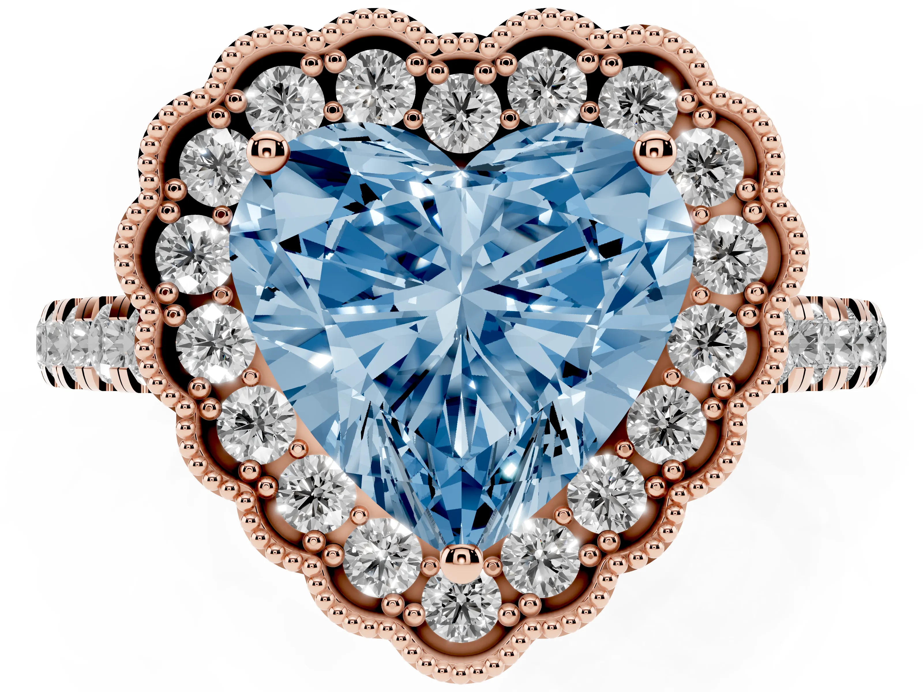 Fancy Blue Heart Cut Diamond Milgrain Floral Halo Engagement Ring Set in Rose gold with Pavé Band