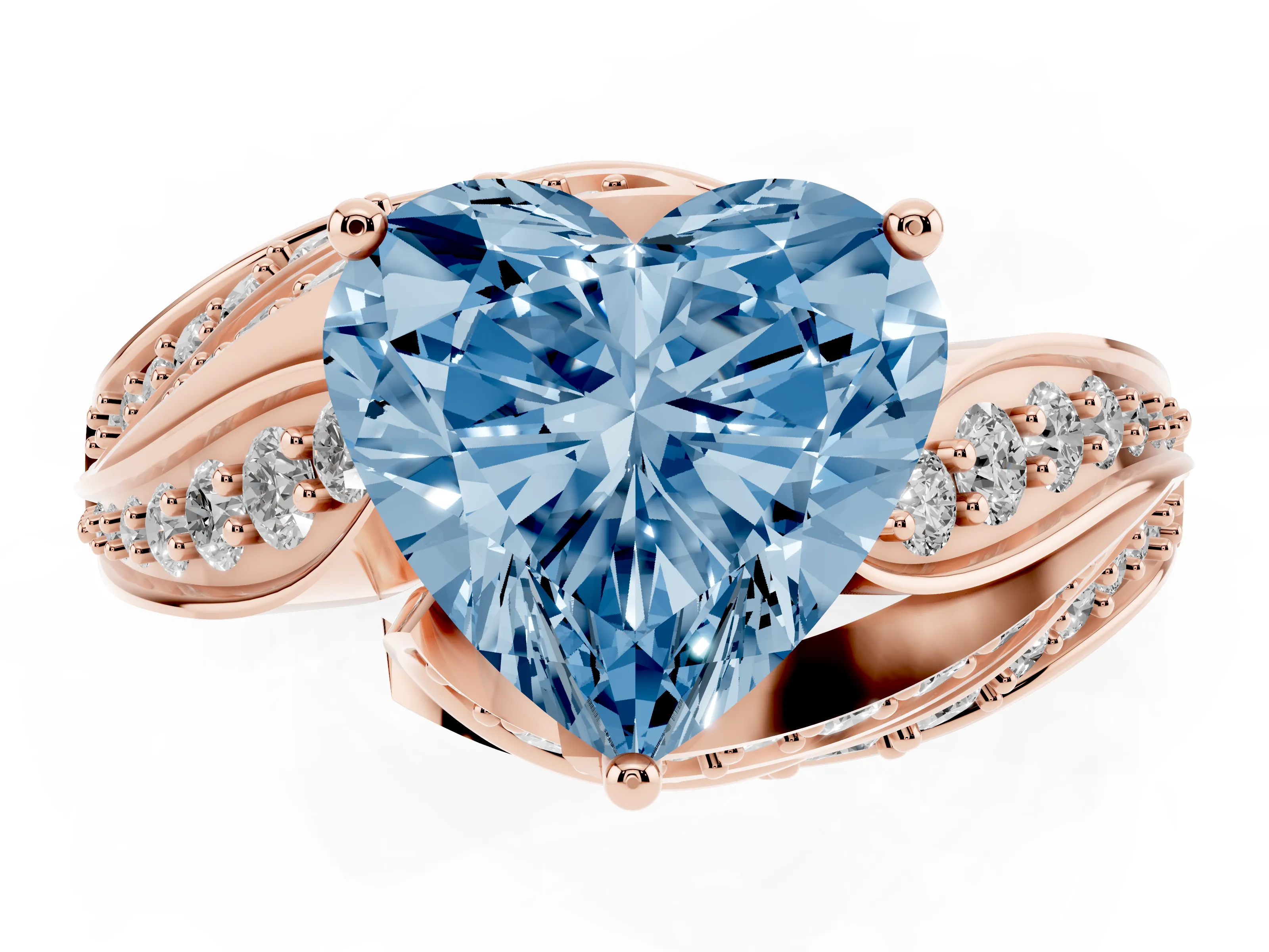Fancy Blue Heart Cut Diamond Solitaire Ring Set in Rose gold with Layered Twist Pavé Band