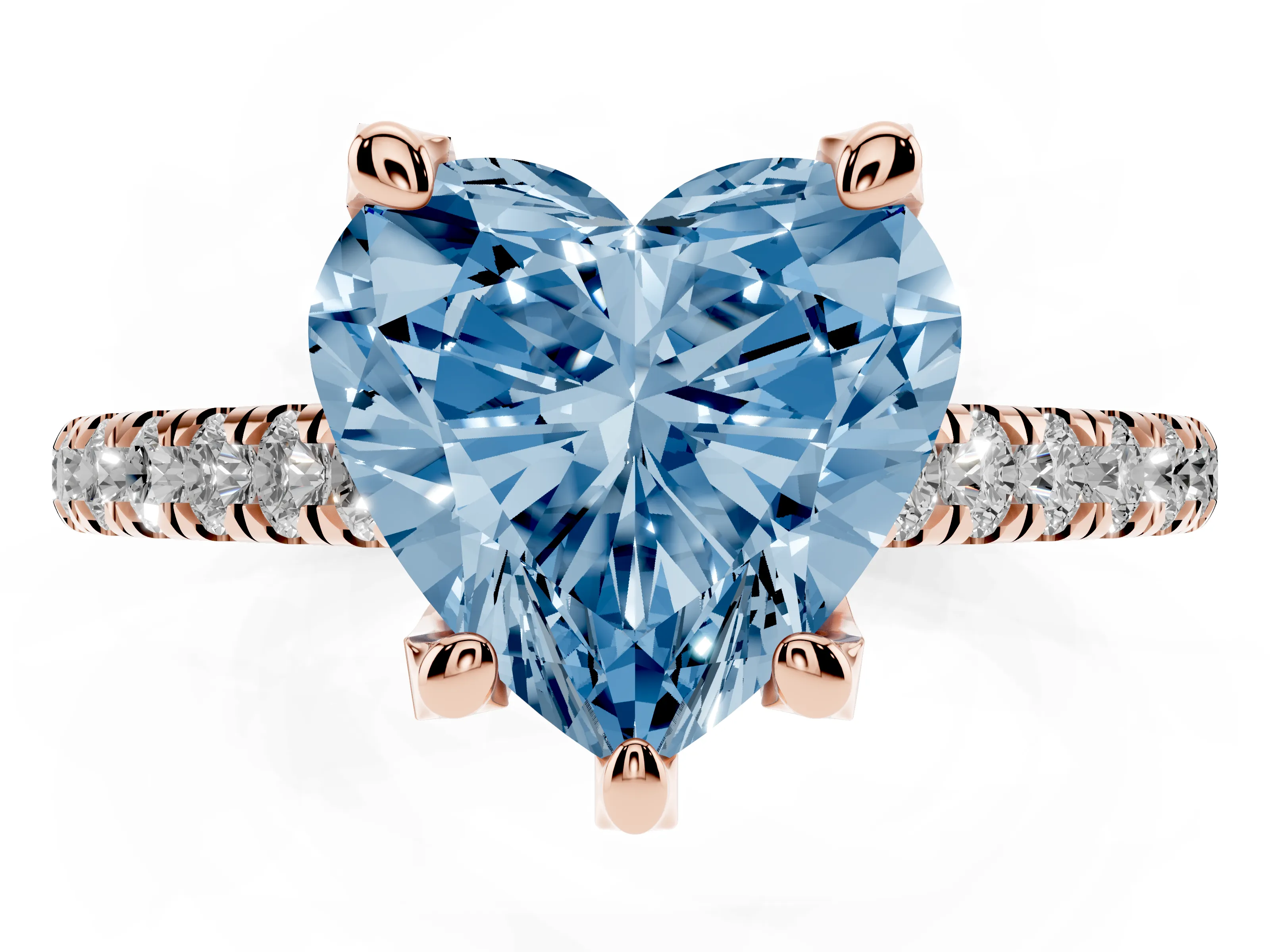 Fancy Blue Heart Cut Diamond Solitaire Ring Set in Rose gold with Brilliant Pavé Band and Prong Setting