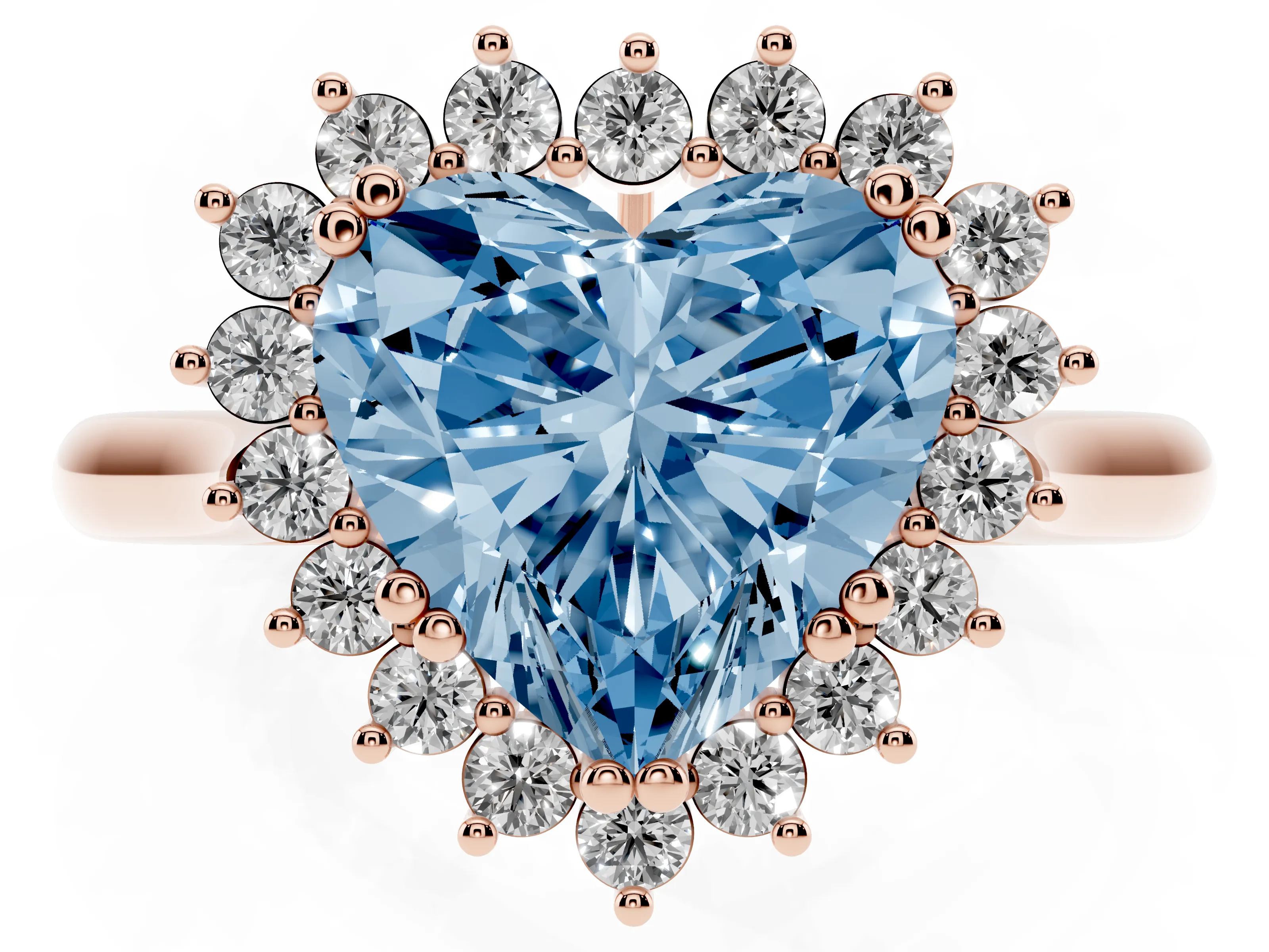Fancy Blue Heart Cut Diamond Halo Ring Set in Rose gold with Plain Solitaire Band and Prong Setting