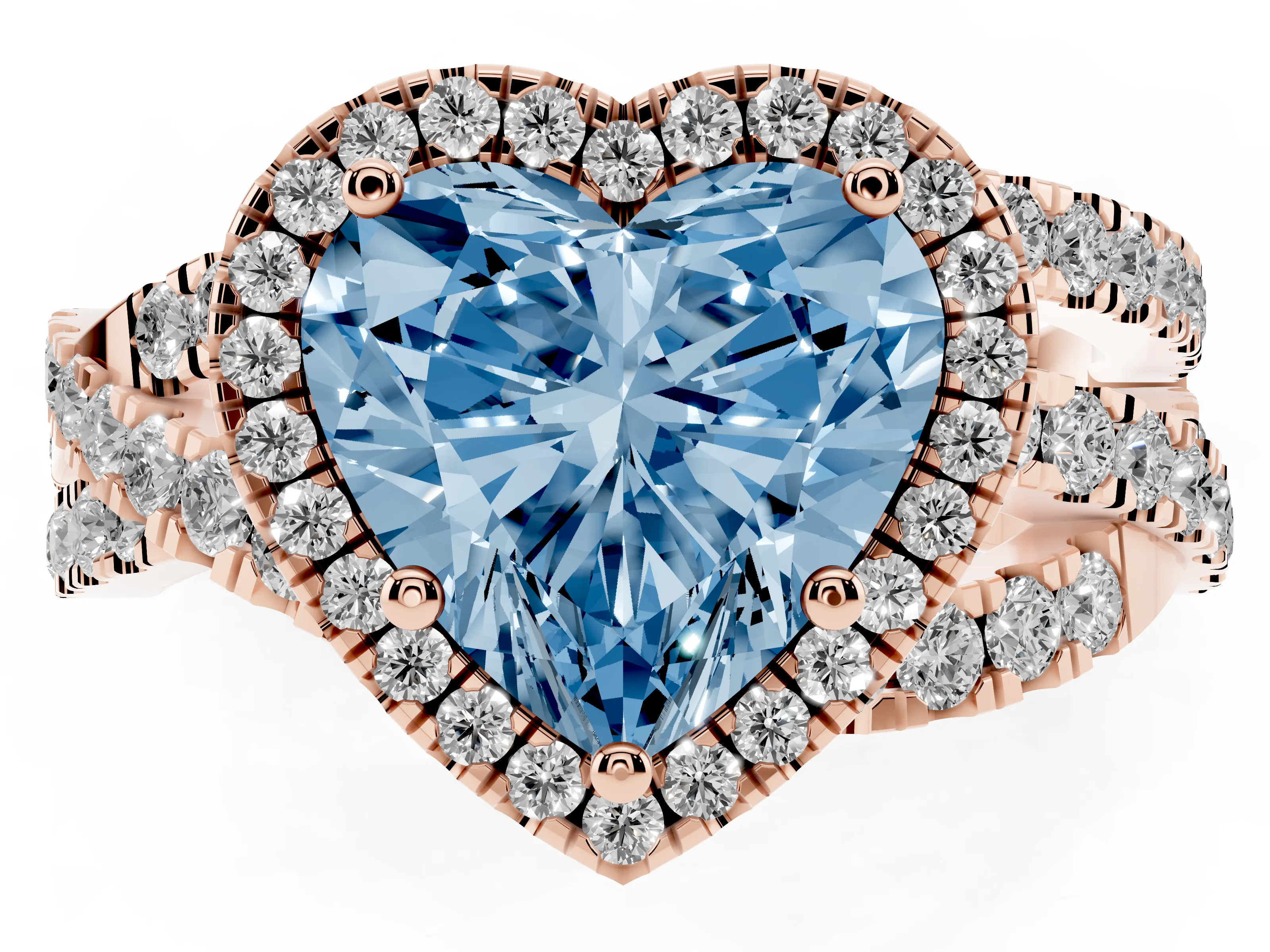 Fancy Blue Heart Cut Diamond Halo Ring Set in Rose gold with Round Crossover Split Shank and Prong Setting