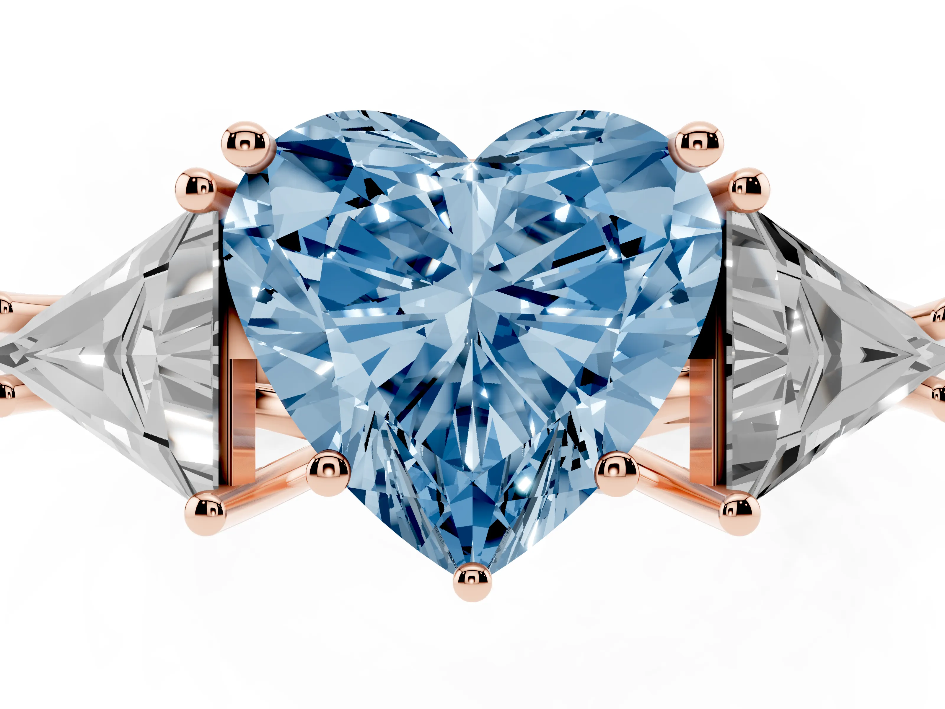 Fancy Blue Heart Cut Diamond Three-Stone Engagement Ring Set in Rose gold with Trillion Side Stones
