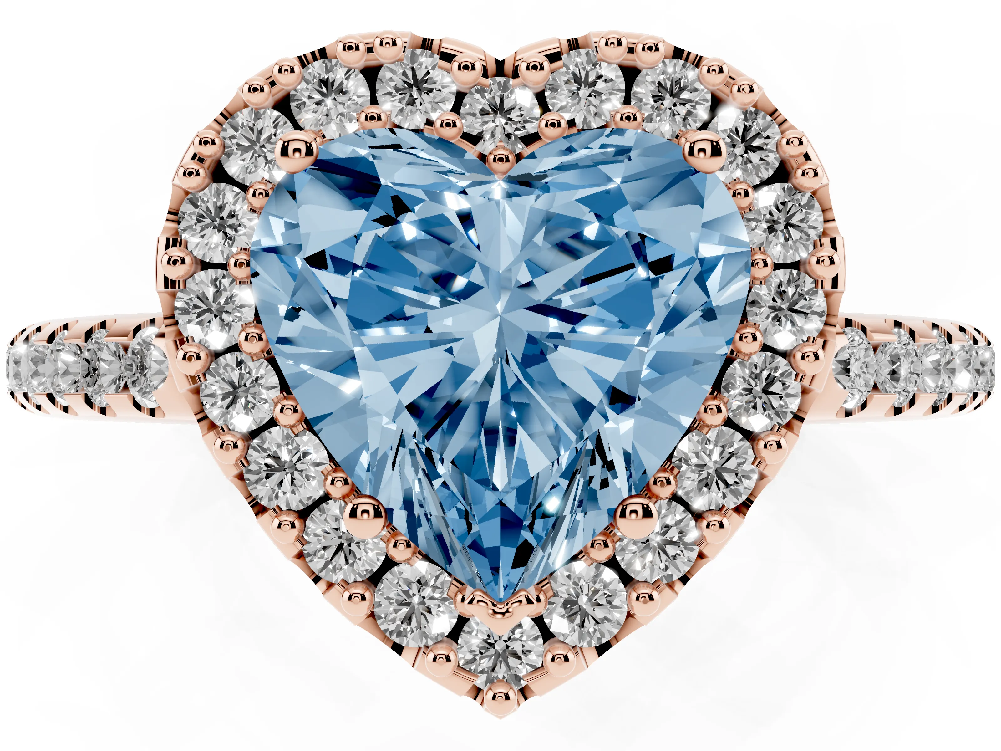 Fancy Blue Heart Cut Diamond Pavé Halo Ring Set in Rose gold with Prong Setting