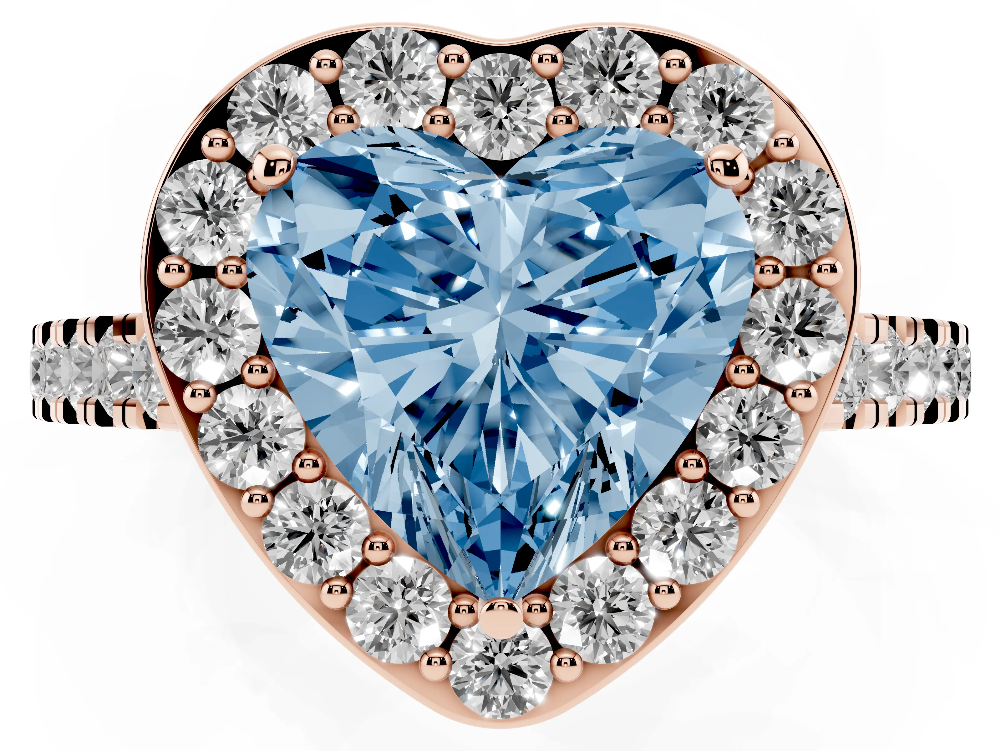 Fancy Blue Heart Cut Diamond Halo Ring Set in Rose gold with Round Pavé Split Shank and Prong Setting