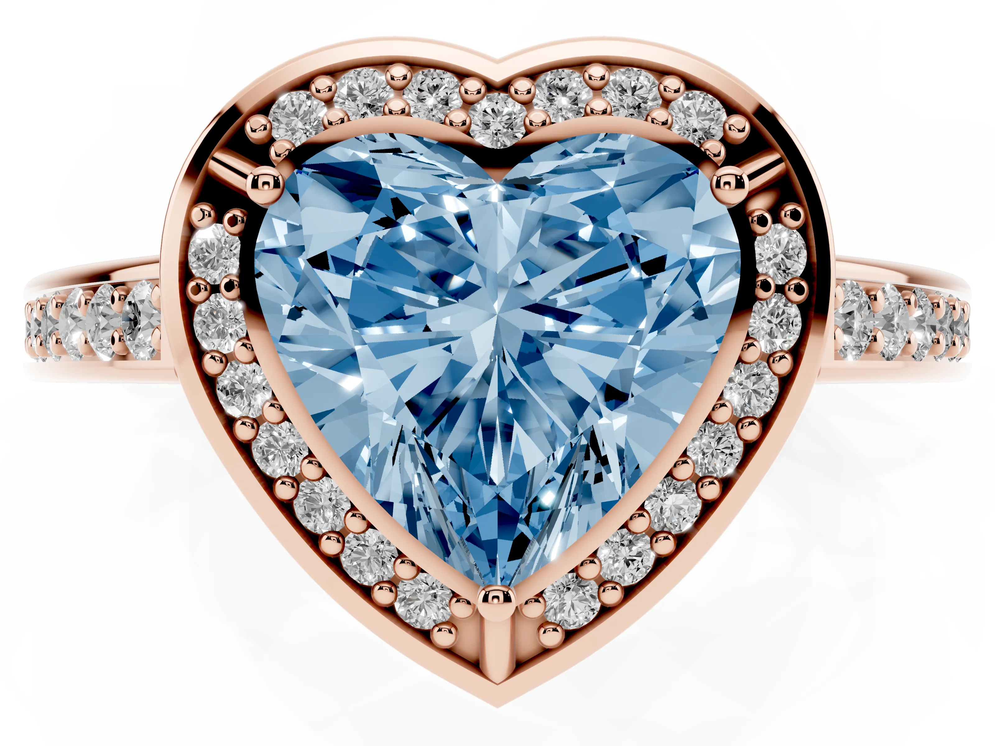 Fancy Blue Heart Cut Diamond Halo Pavé Split Shank Ring Set in Rose gold with Prong Setting