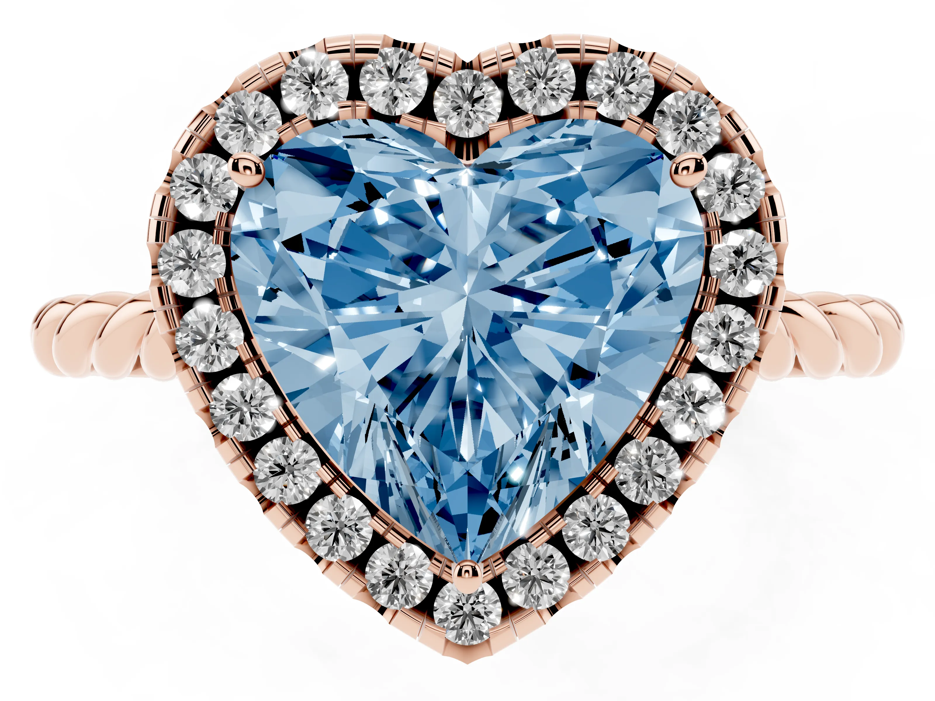 Fancy Blue Heart Cut Diamond Halo Ring Set in Rose gold with Plain Twisted Band