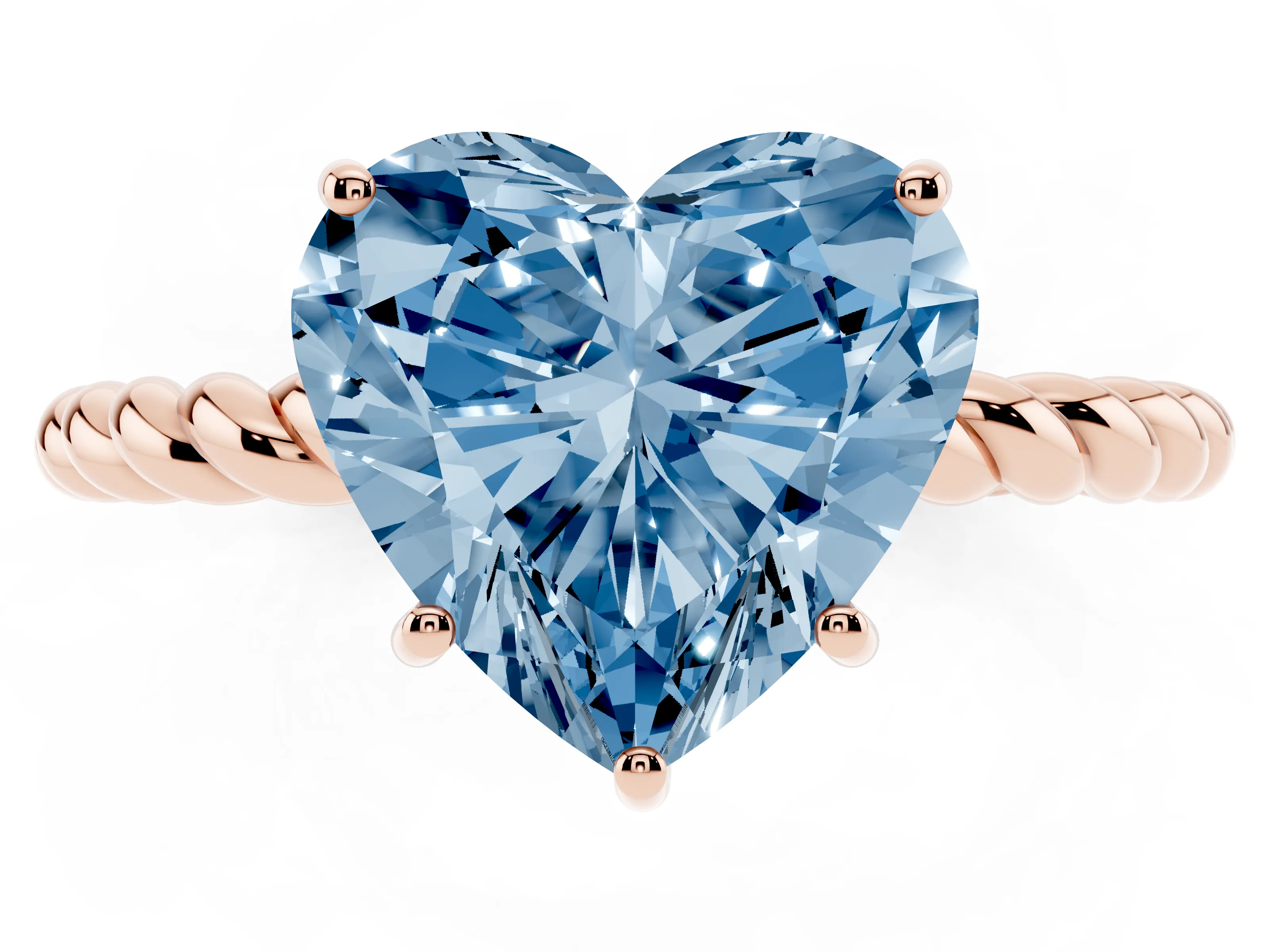 Fancy Blue Heart Cut Diamond Solitaire Ring Set in Rose gold with Twist Band and Prong Setting
