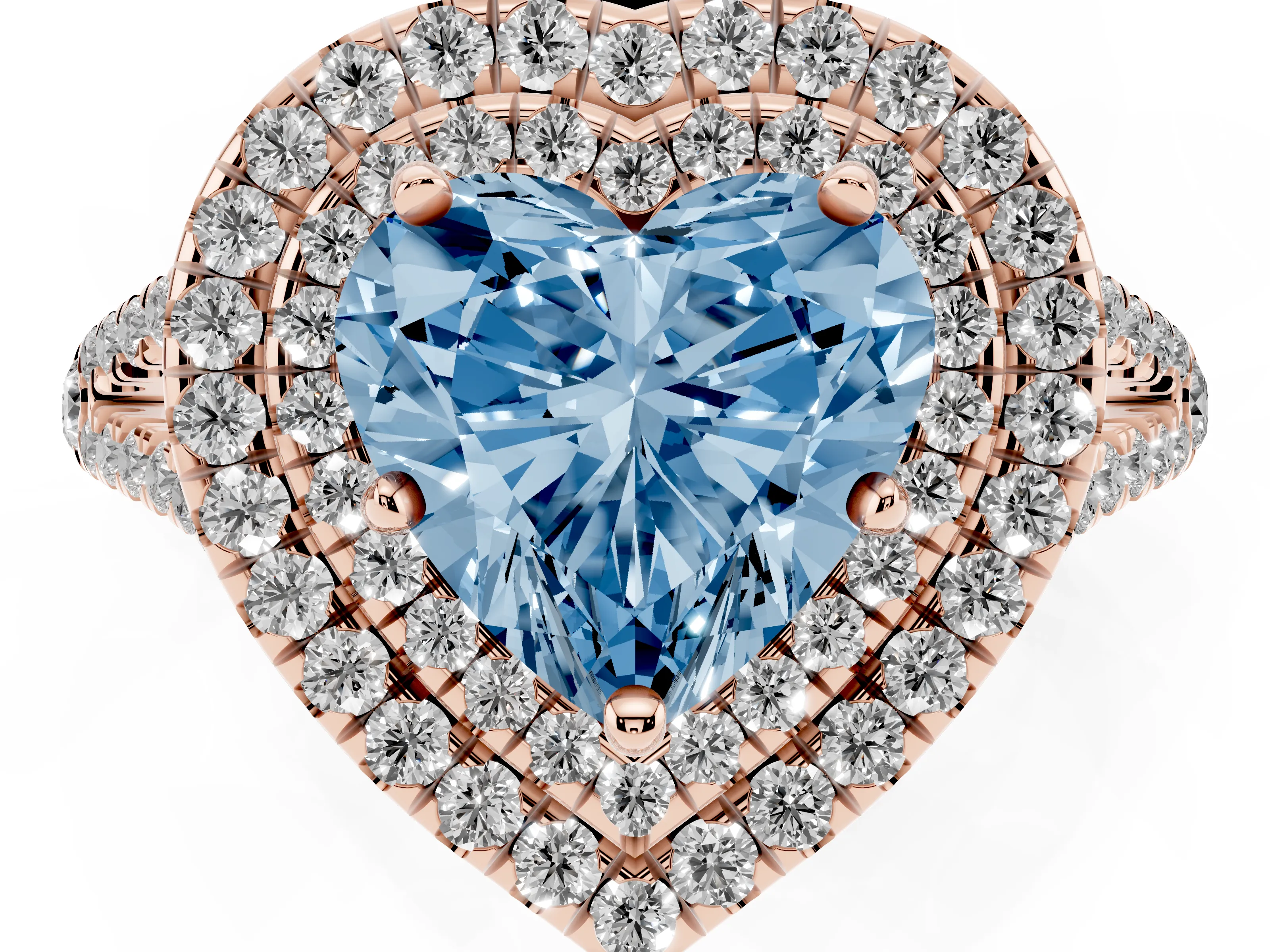 Fancy Blue Heart Cut Diamond Double Halo Ring Set in Rose gold with Pavé Band
