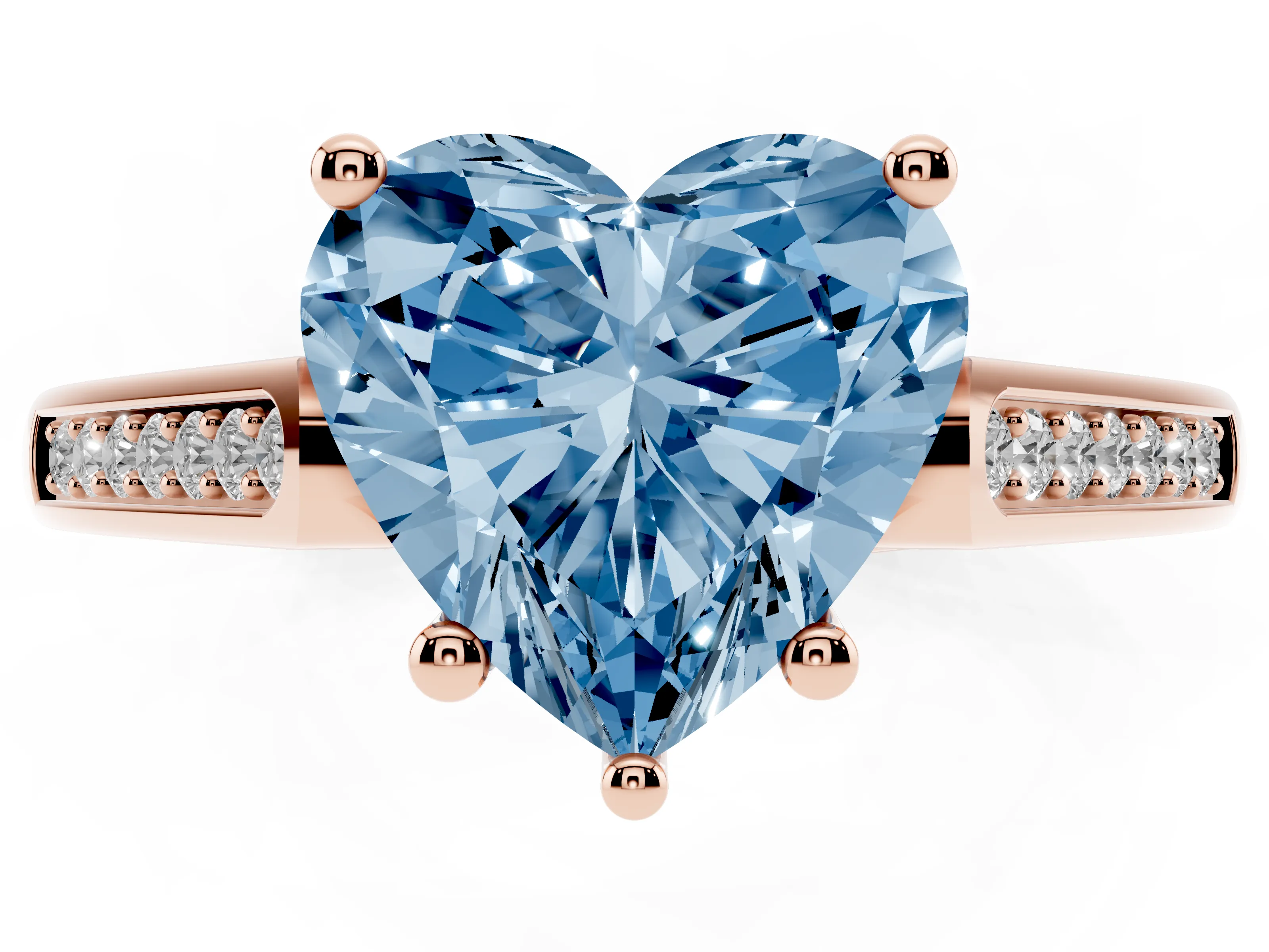 Fancy Blue Heart Cut Diamond Solitaire Cathedral Engagement Ring Set in Rose gold with Channel-Set Band and Prong Setting