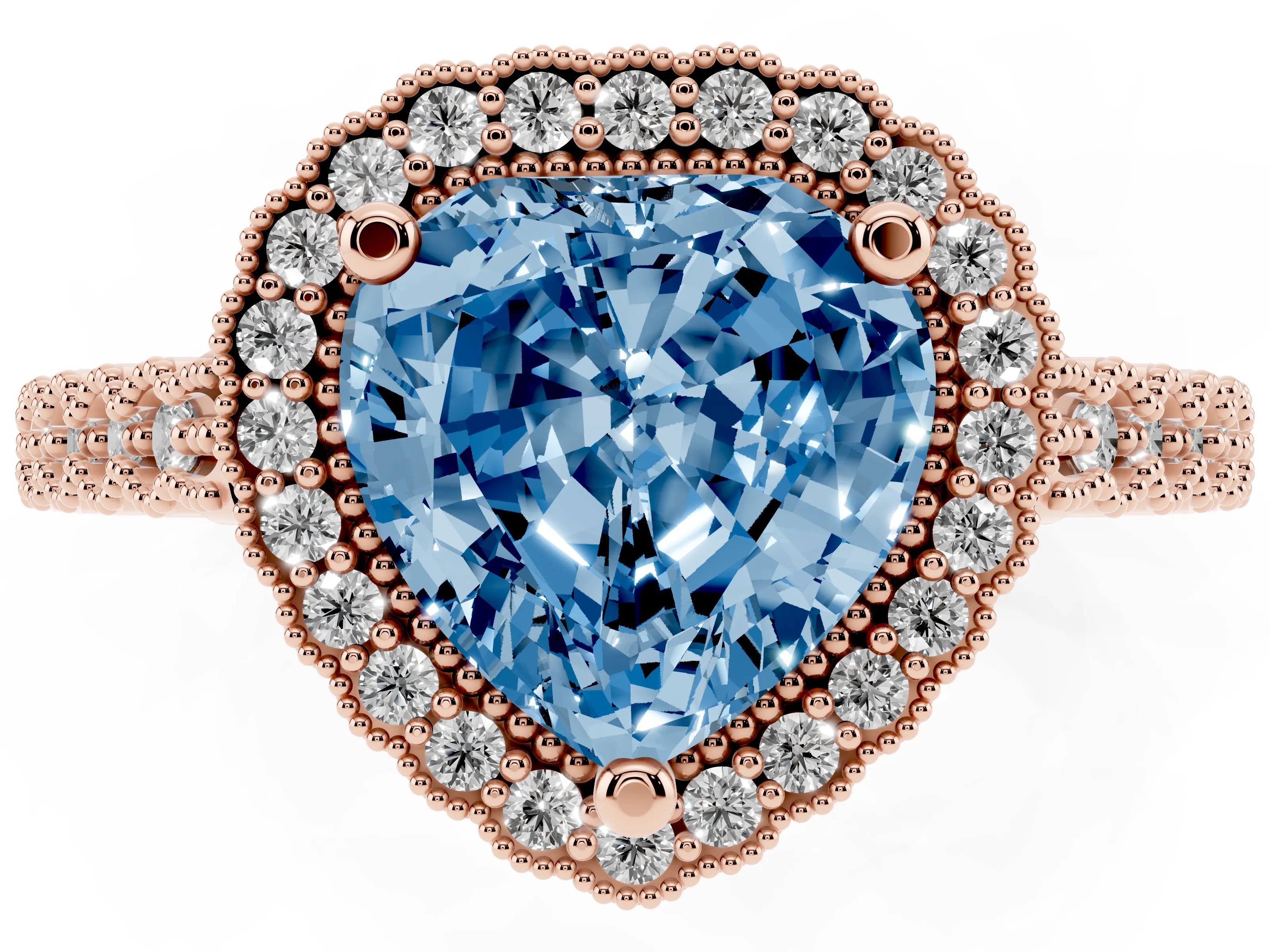 Fancy Blue Heart Cut Diamond Halo Ring Set in Rose gold with Pavé Milgrain Band