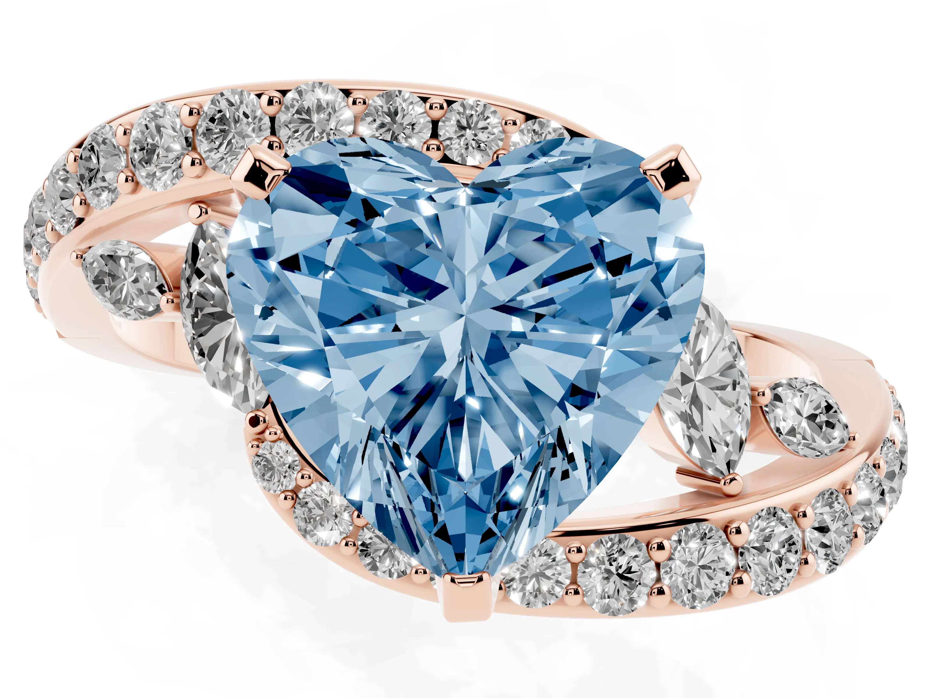 Fancy Blue Heart Cut Diamond Solitaire Ring Set in Rose gold with Pavé Twist Band and Secure Prong Setting