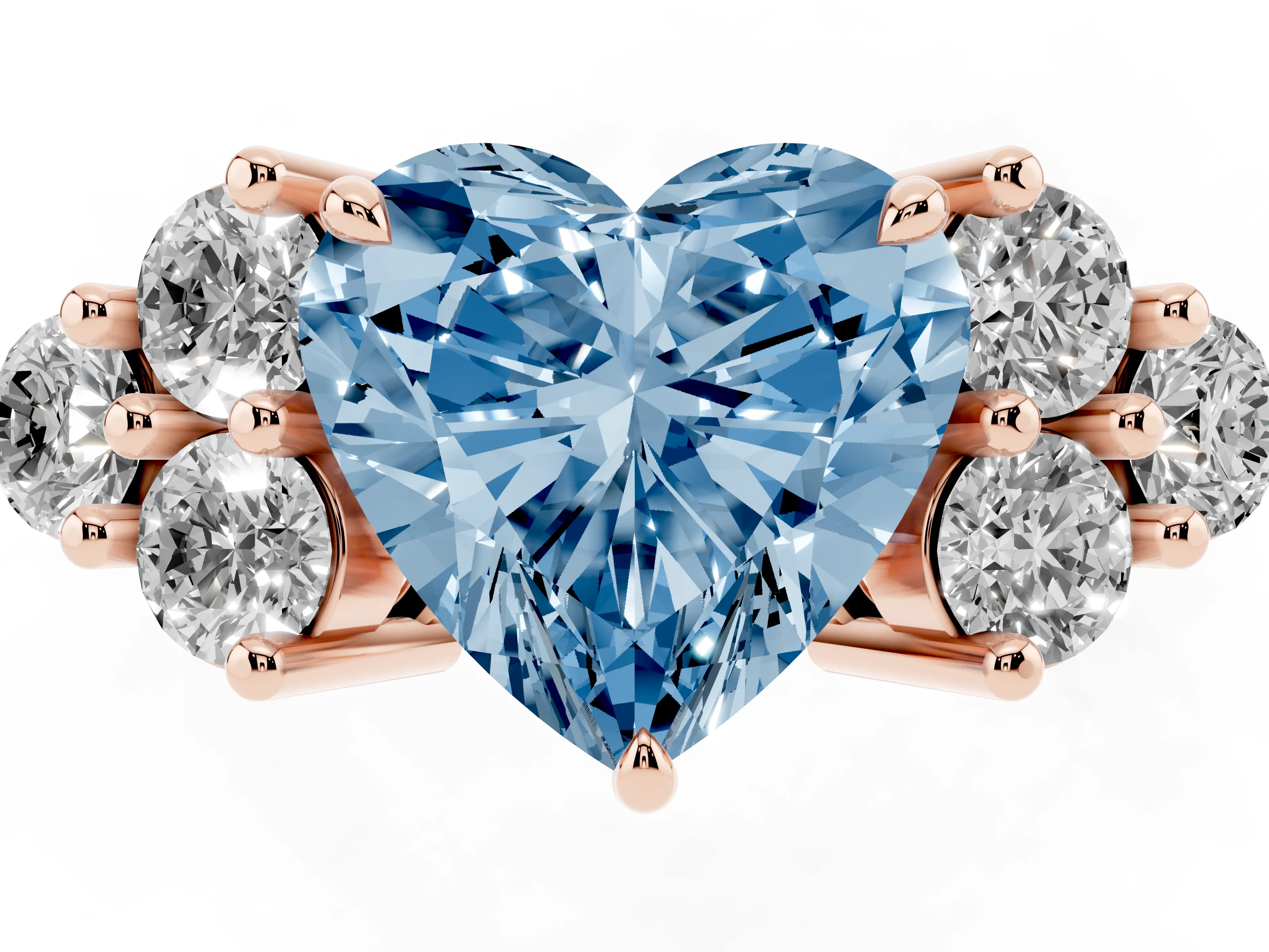 Fancy Blue Heart Cut Diamond Solitaire Ring Set in Rose gold with Cluster Accents on Each Side