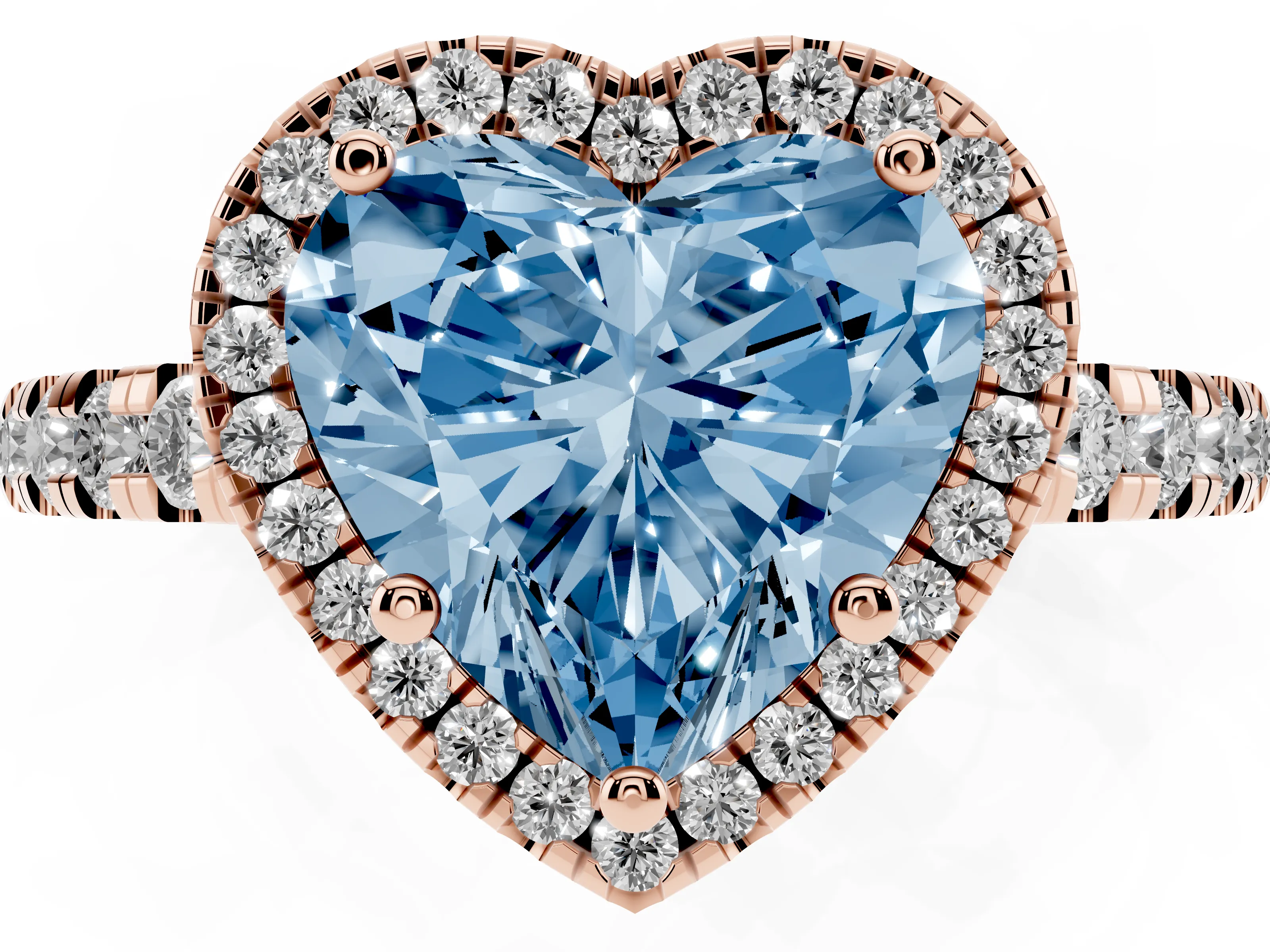 Fancy Blue Heart Cut Diamond Halo Ring Set in Rose gold with Delicate Pavé Band and Prong Setting