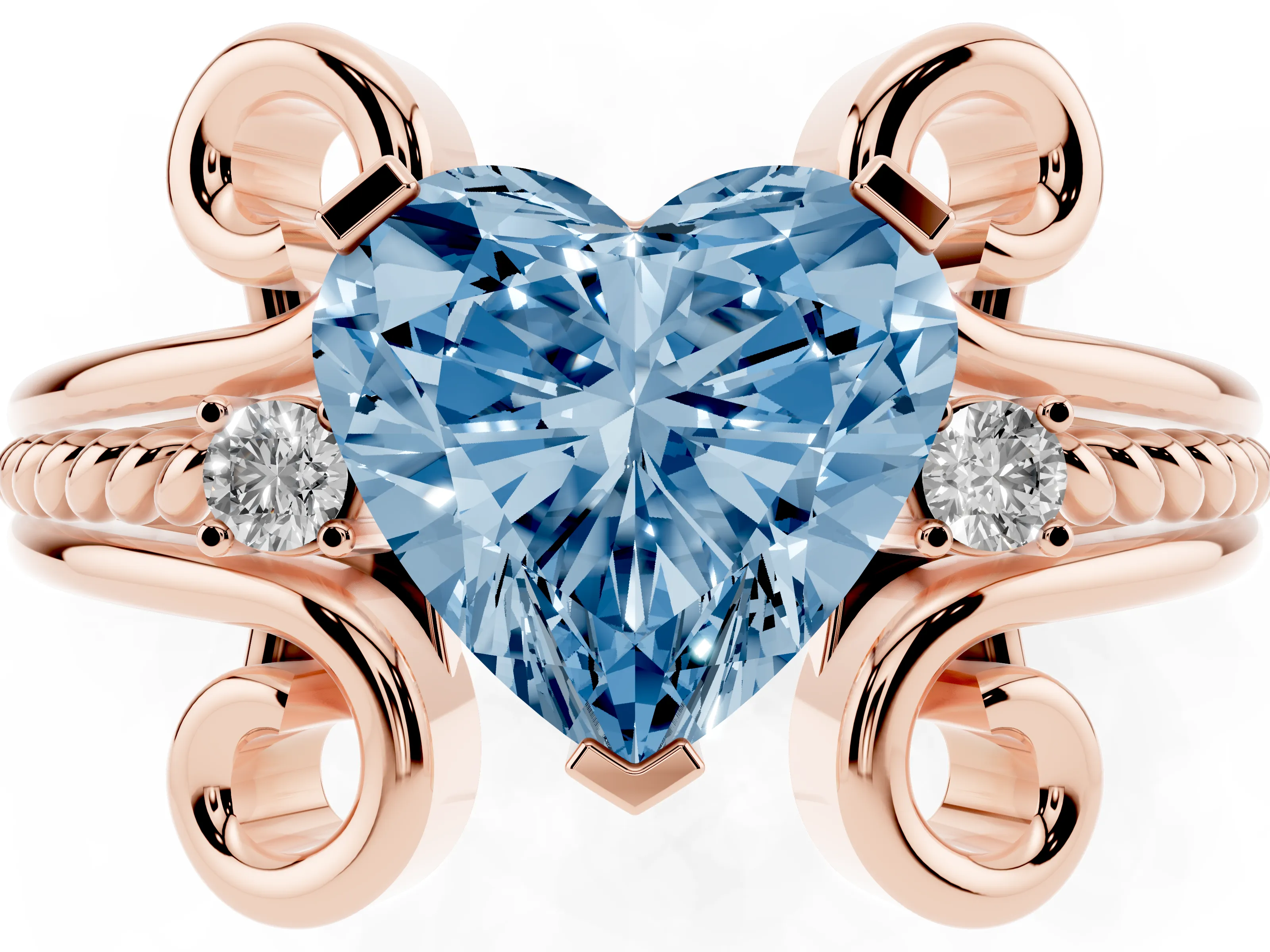 Fancy Blue Heart Cut Diamond Twisted Band Solitaire Ring Set in Rose gold with Scroll Prongs