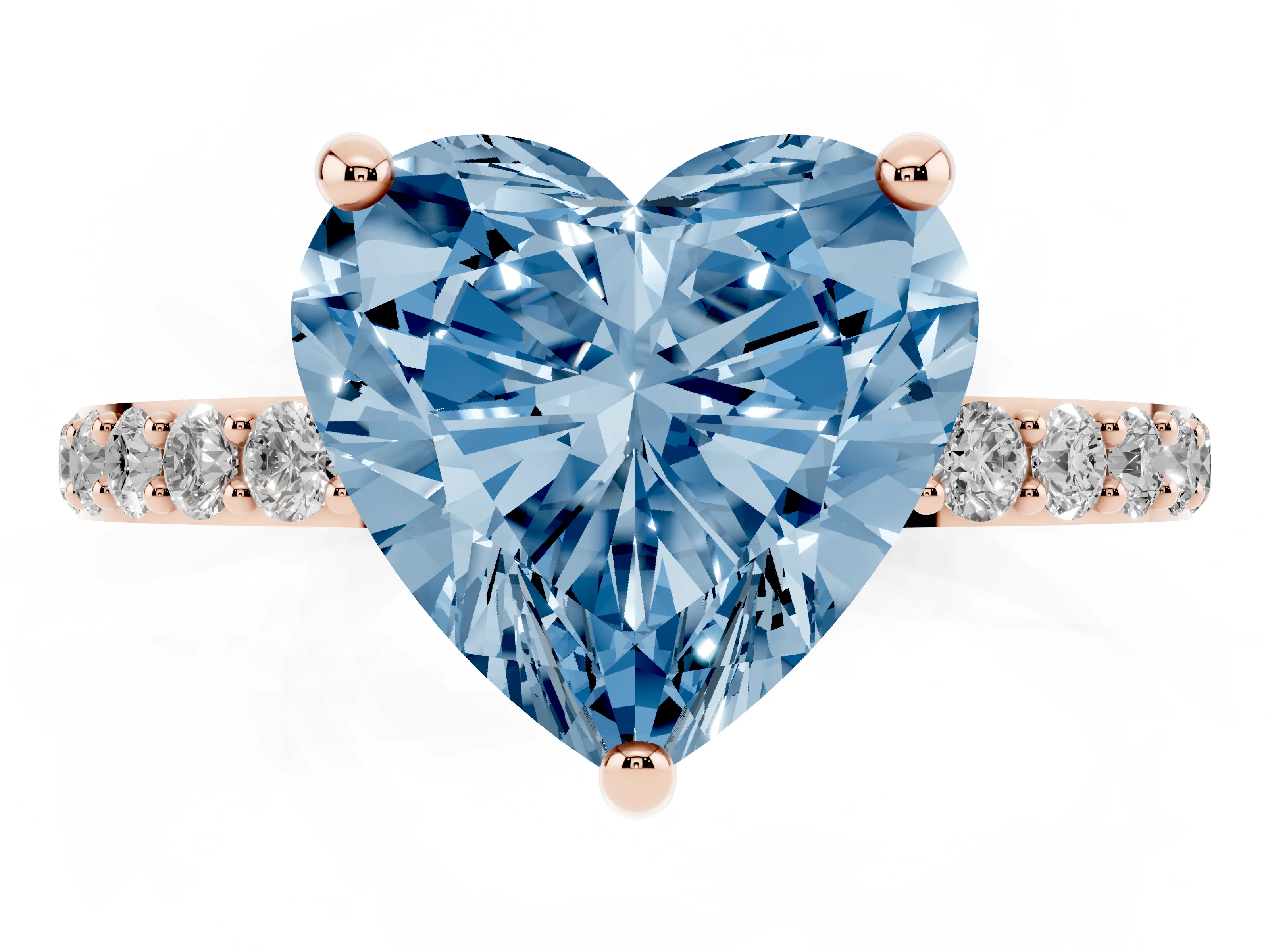 Fancy Blue Heart Cut Diamond Solitaire Ring Set in Rose gold with Round Pavé Band and Prong Setting