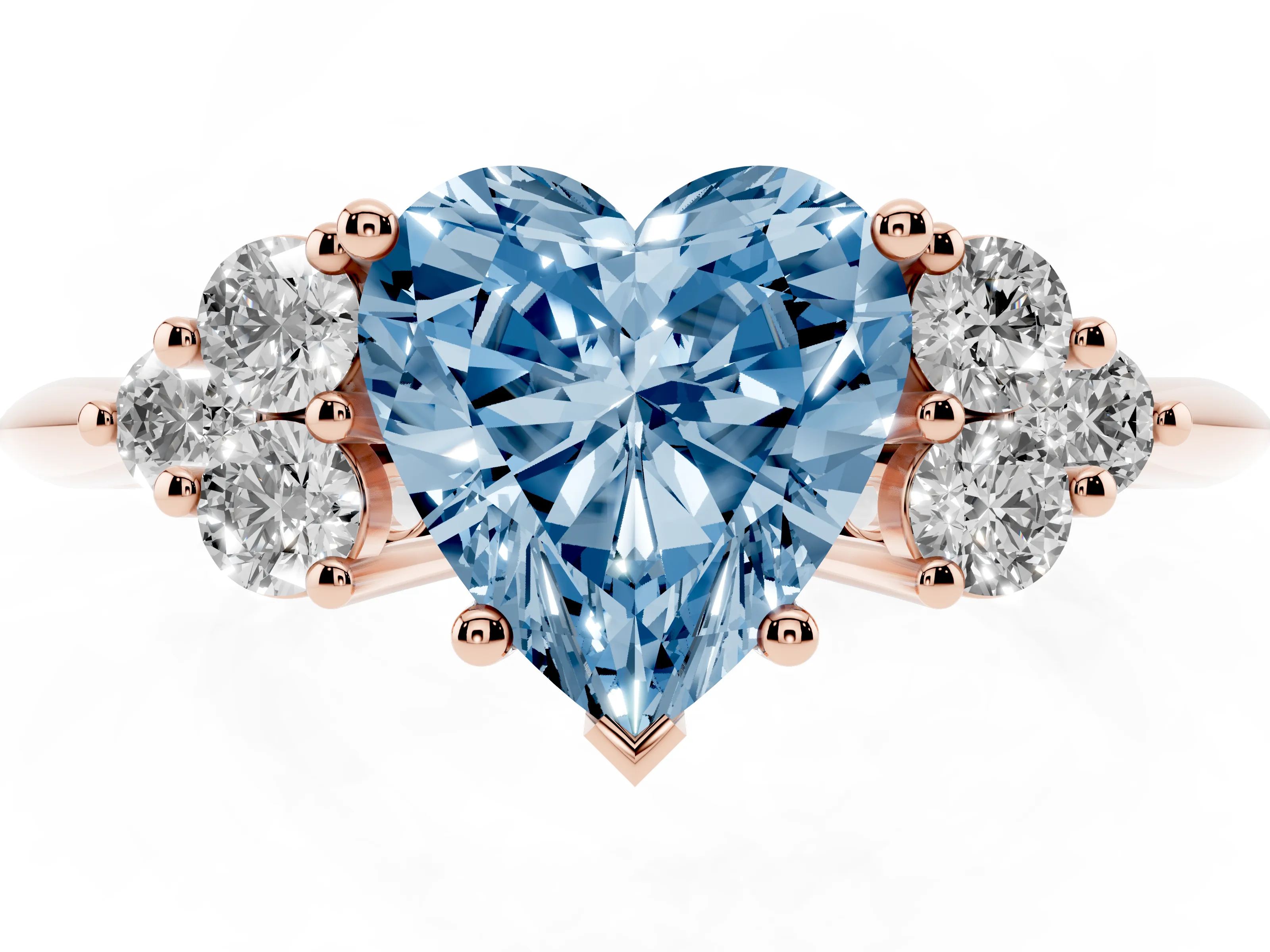Fancy Blue Heart Cut Diamond Cluster Ring Set in Rose gold with Plain Band and Prong Setting