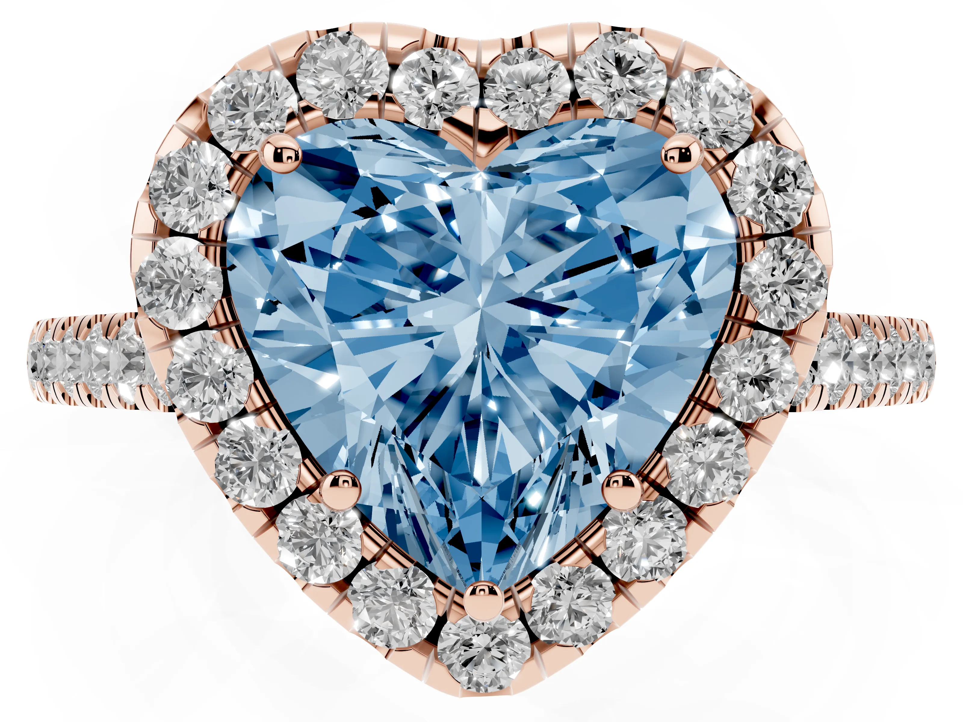 Fancy Blue Heart Cut Diamond Halo Pavé Engagement Ring Set in Rose gold with Prong Setting