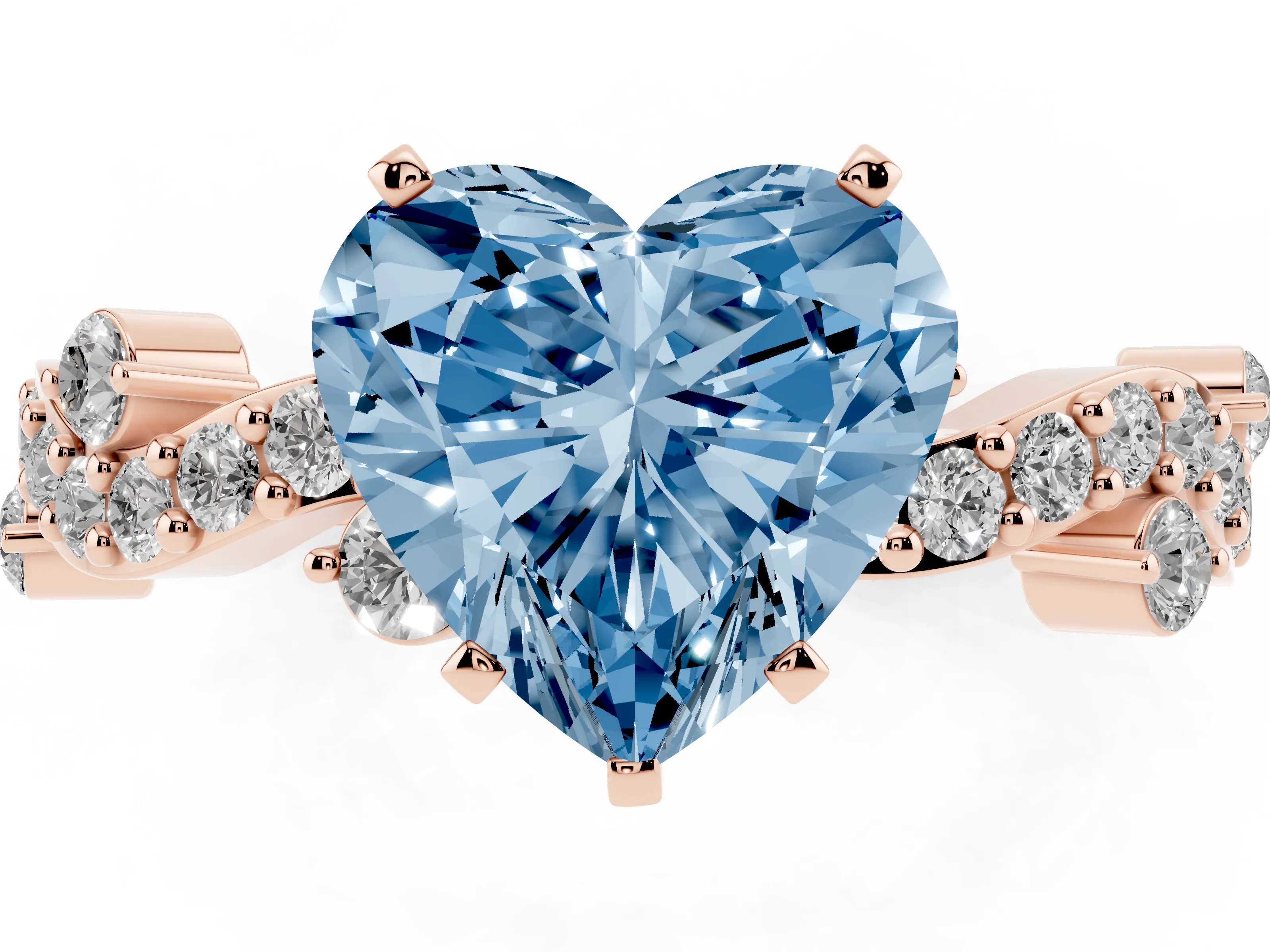 Fancy Blue Heart Cut Diamond Solitaire Twisted Band Set in Rose gold with Pavé Setting