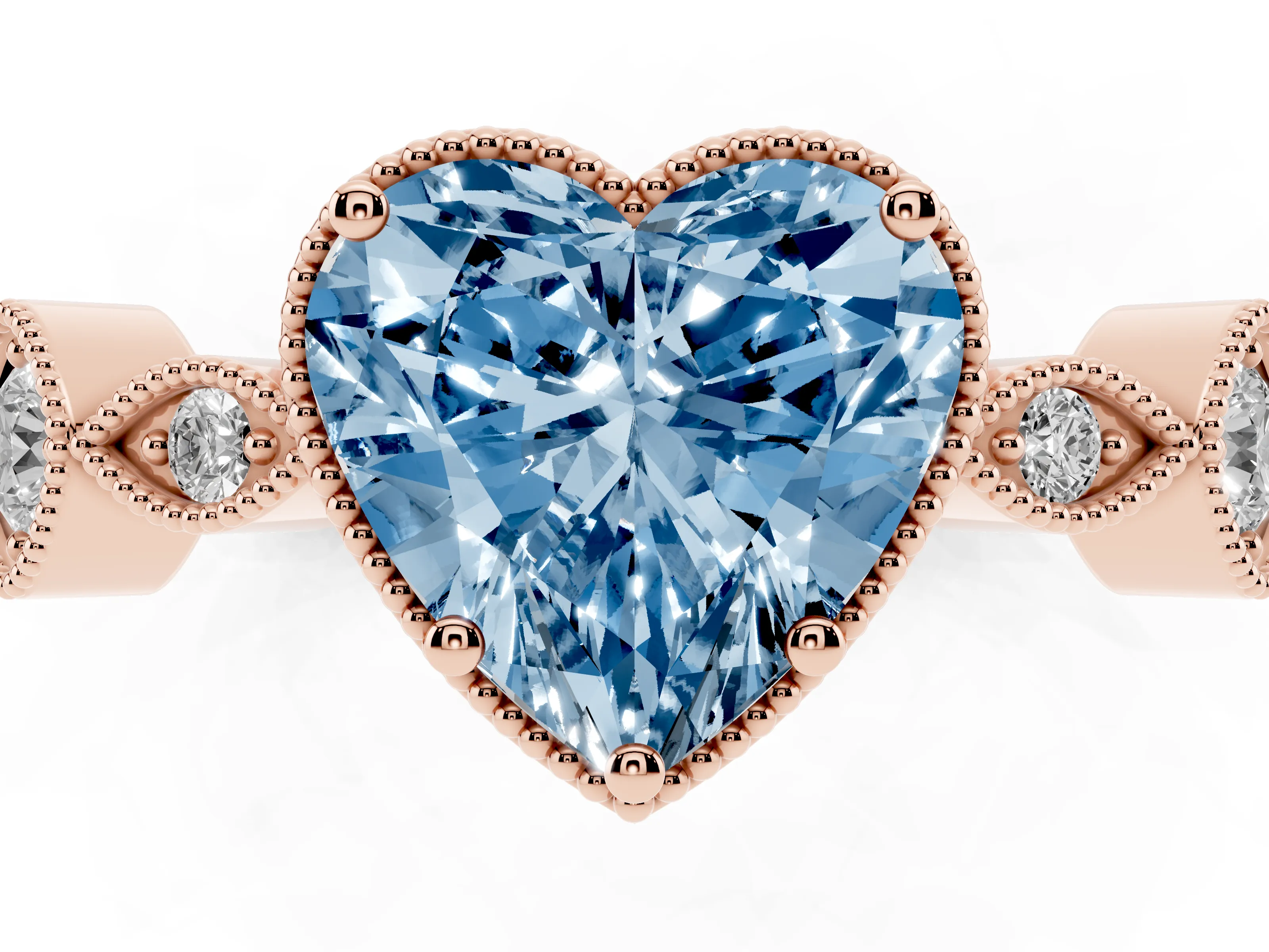 Fancy Blue Heart Cut Diamond Vintage-Inspired Milgrain Ring Set in Rose gold with Marquise Stations of Round Accents