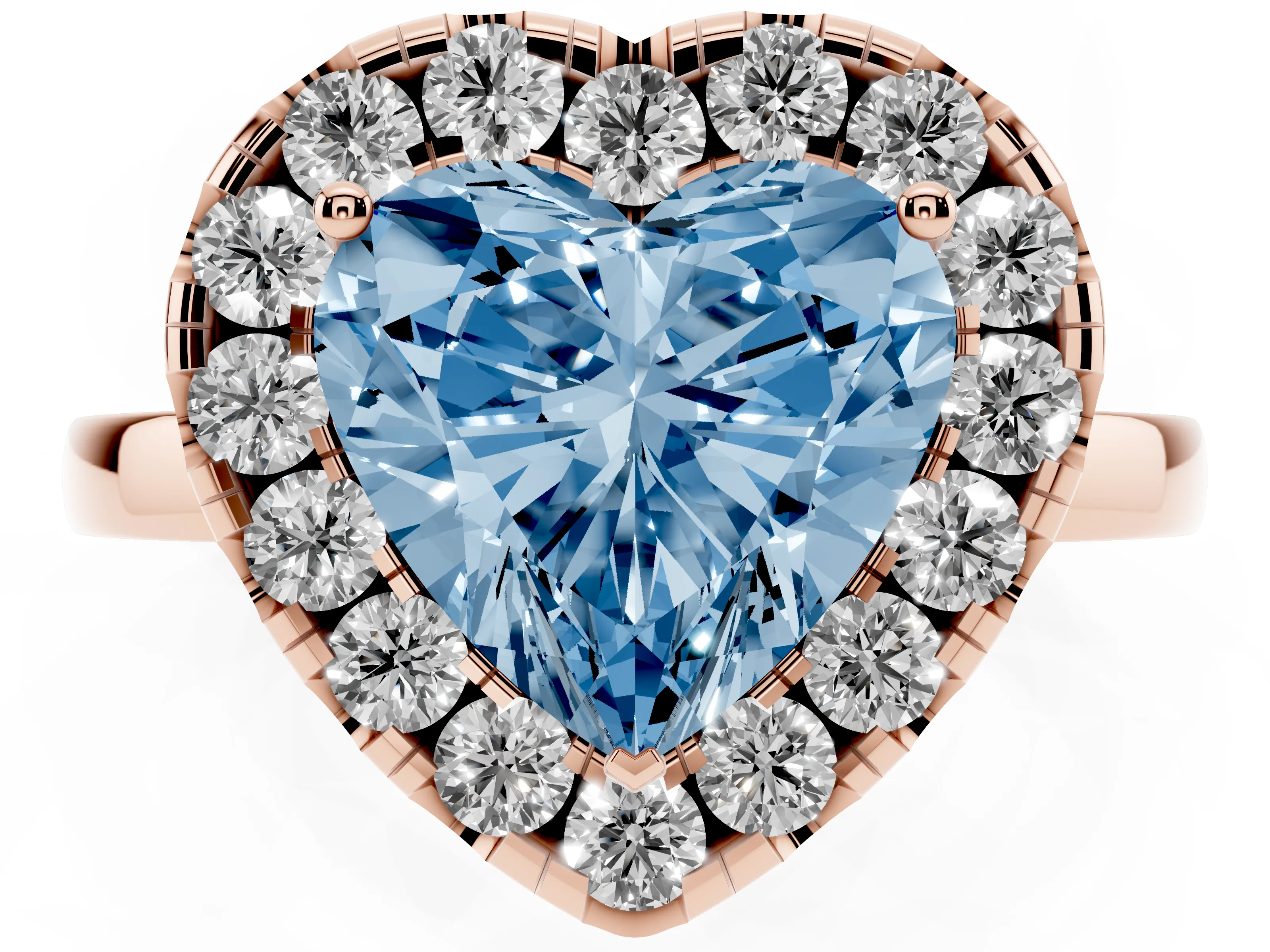 Fancy Blue Heart Cut Diamond Halo Solitaire Ring Set in Rose gold with Pavé Band and Prong Setting