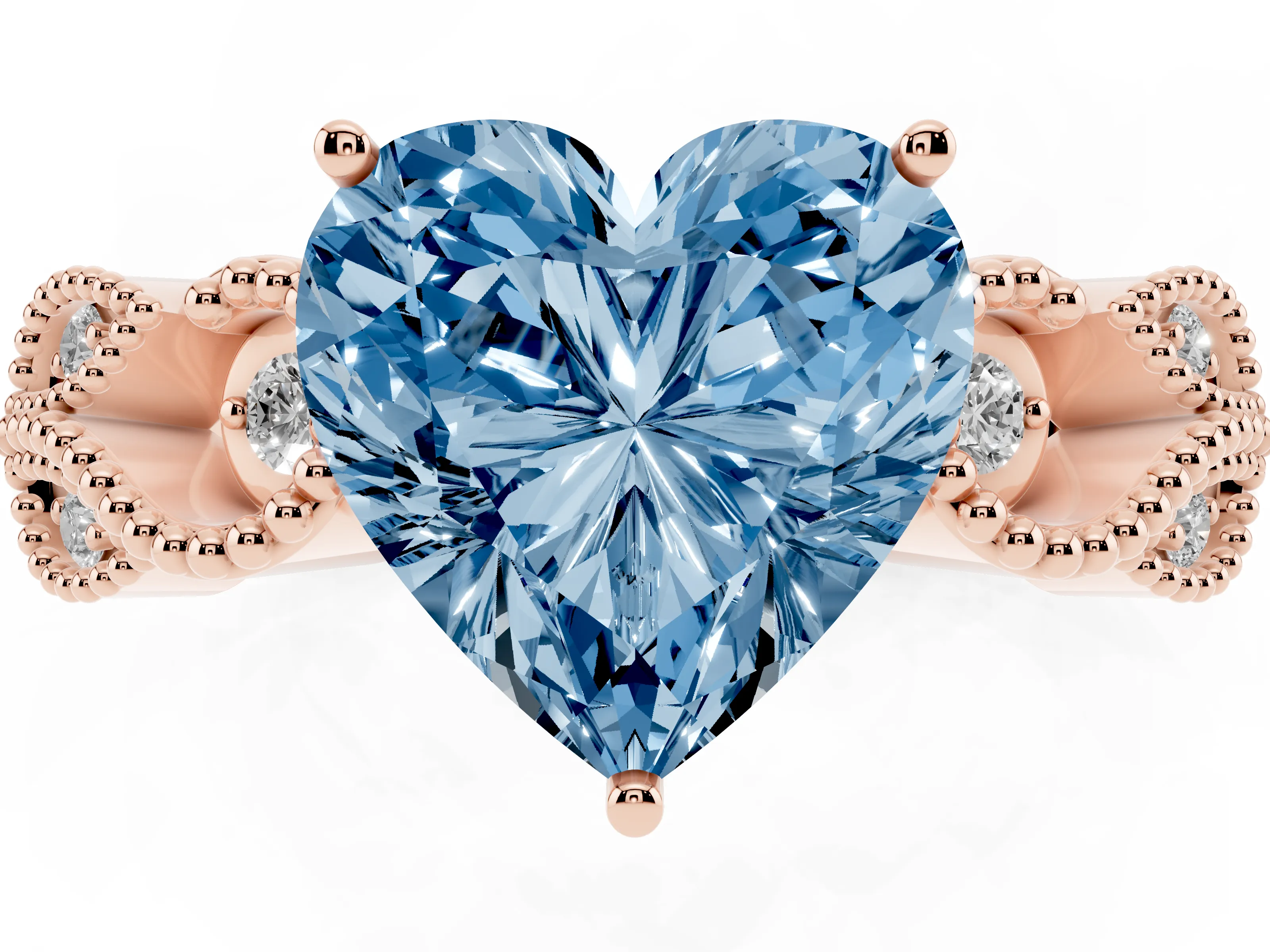 Fancy Blue Heart Cut Diamond Milgrain Leaf Band Solitaire Ring Set in Rose gold with Accent Stones and Prong Setting