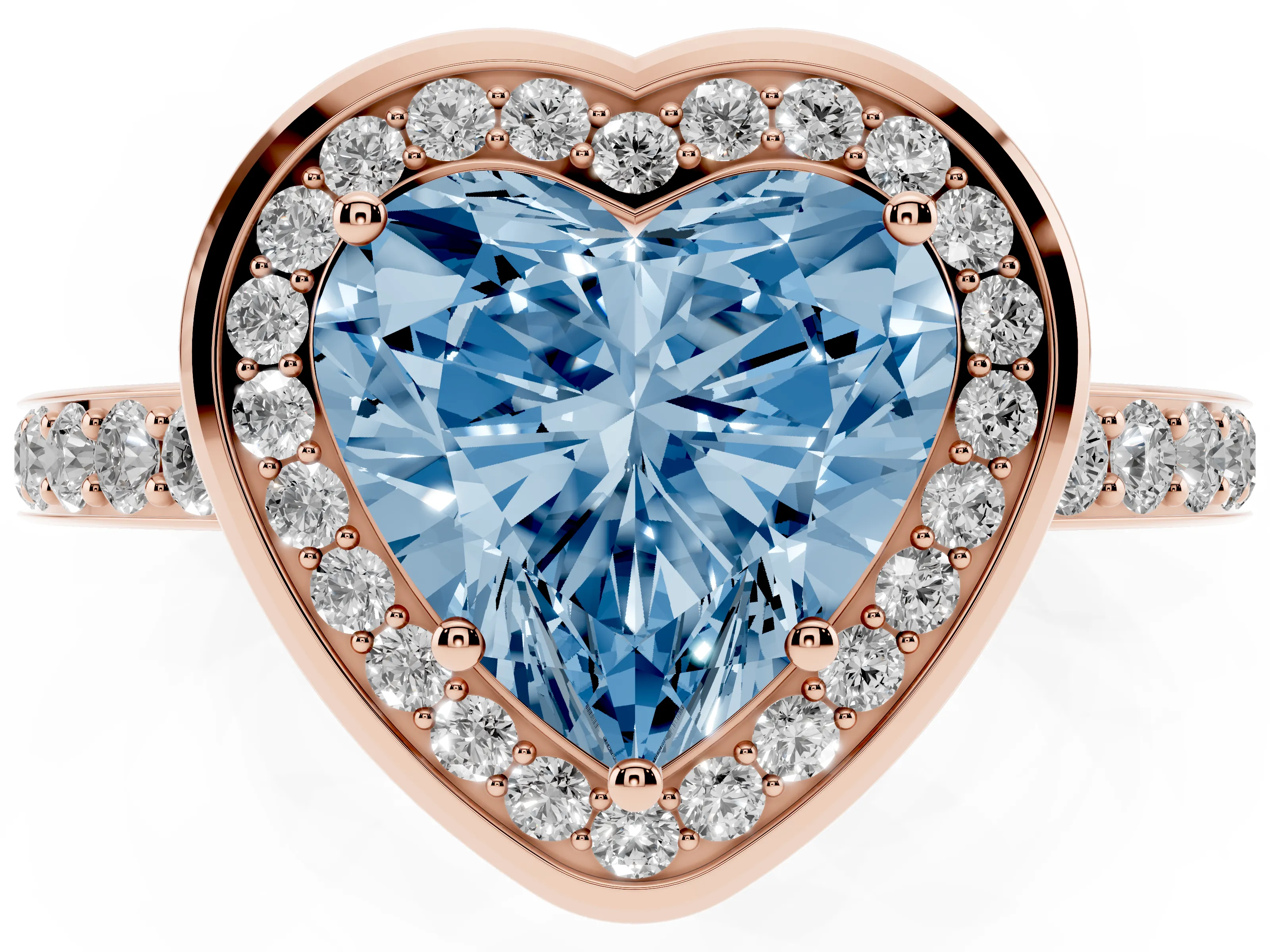 Fancy Blue Heart Cut Diamond Halo Ring Set in Rose gold with Bezel Frame and Pavé Band
