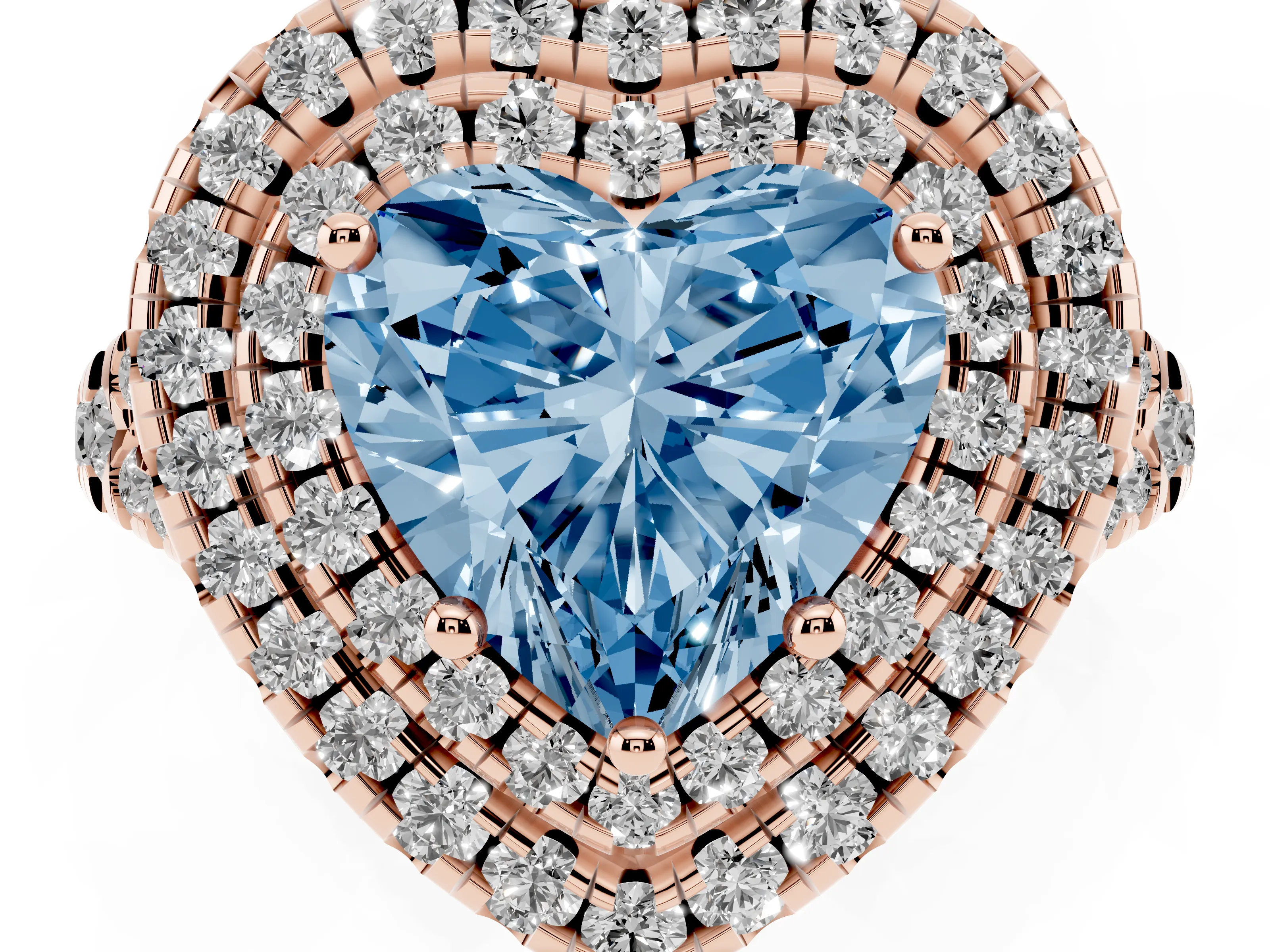 Fancy Blue Heart Cut Diamond Double Halo Ring Set in Rose gold with Pavé Split Shank and Prong Setting