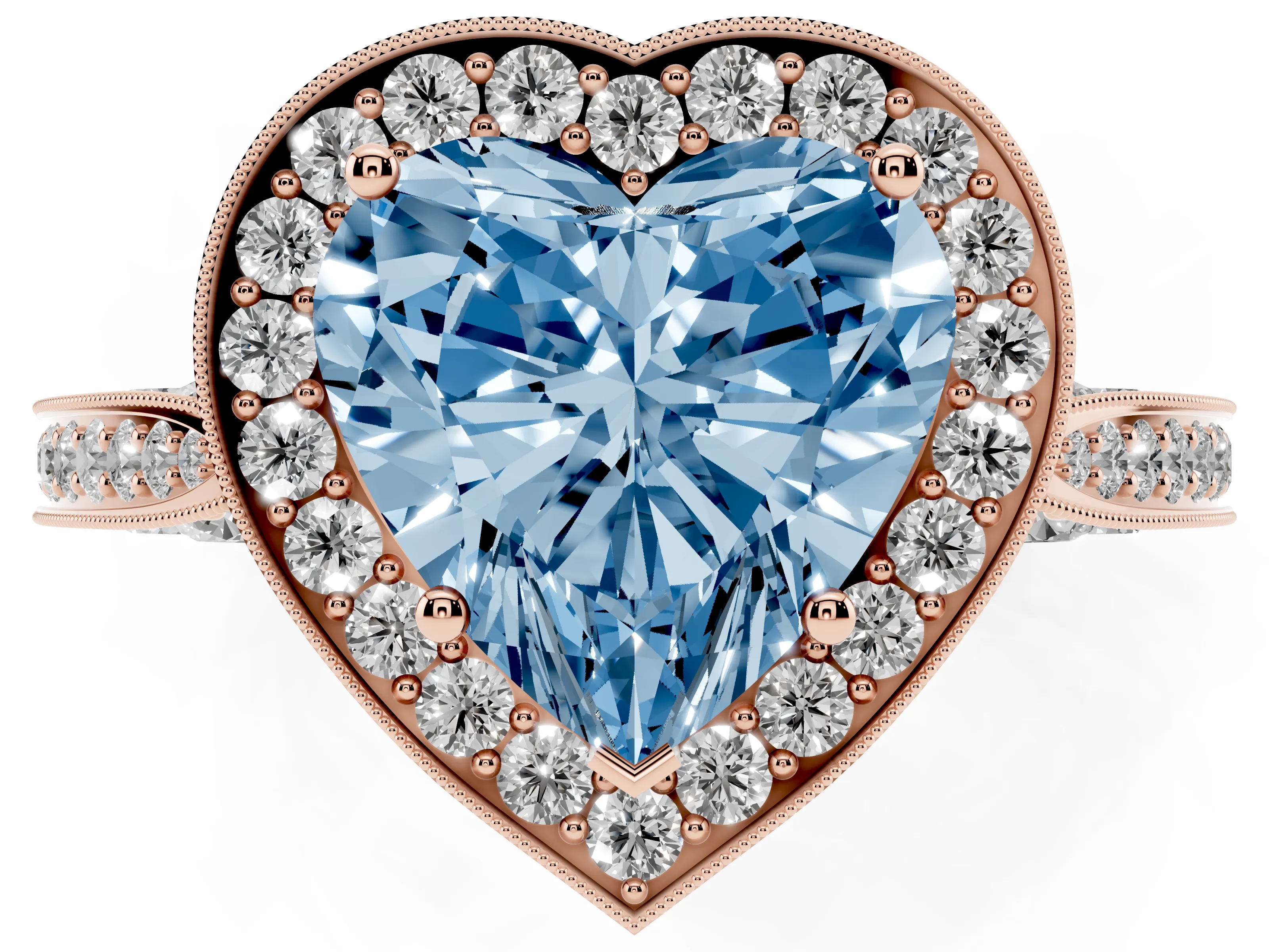 Fancy Blue Heart Cut Diamond Halo Engagement Ring Set in Rose gold with Accent Split Shank Band