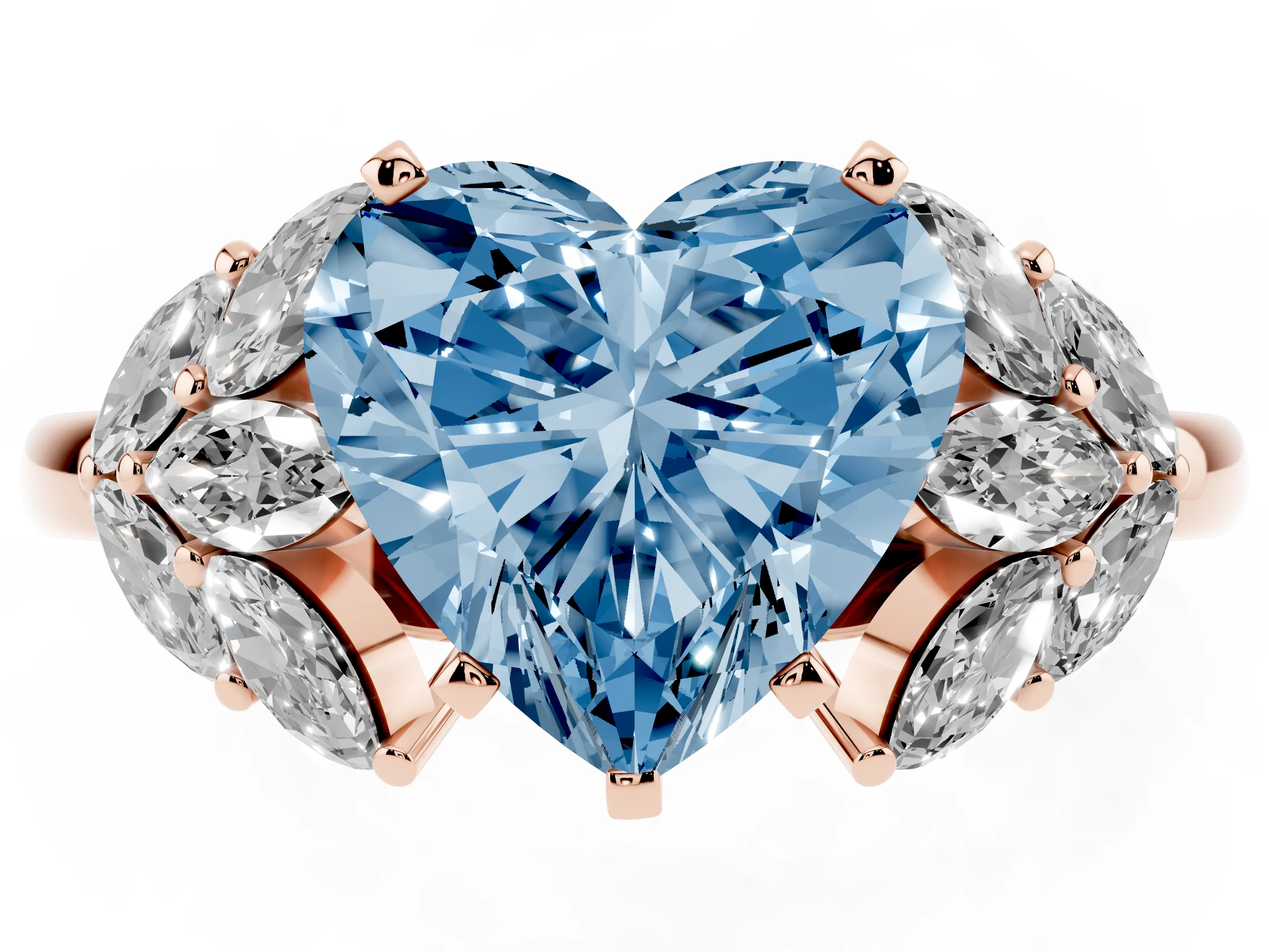 Fancy Blue Heart Cut Diamond Cluster Leaf Design Ring Set in Rose gold with Prong Setting