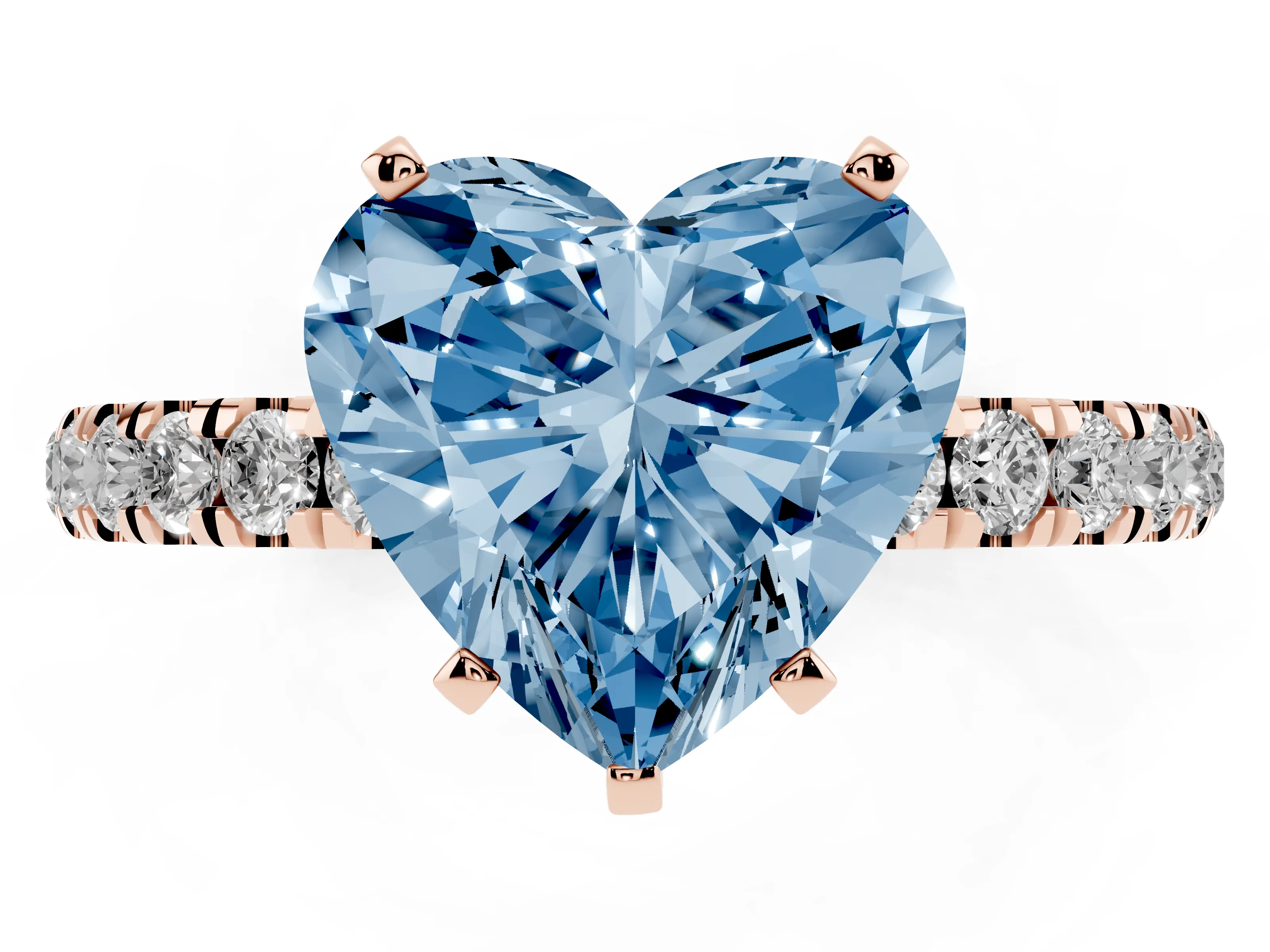 Fancy Blue Heart Cut Diamond Solitaire Ring Set in Rose gold with Pavé Accents and Prong Setting
