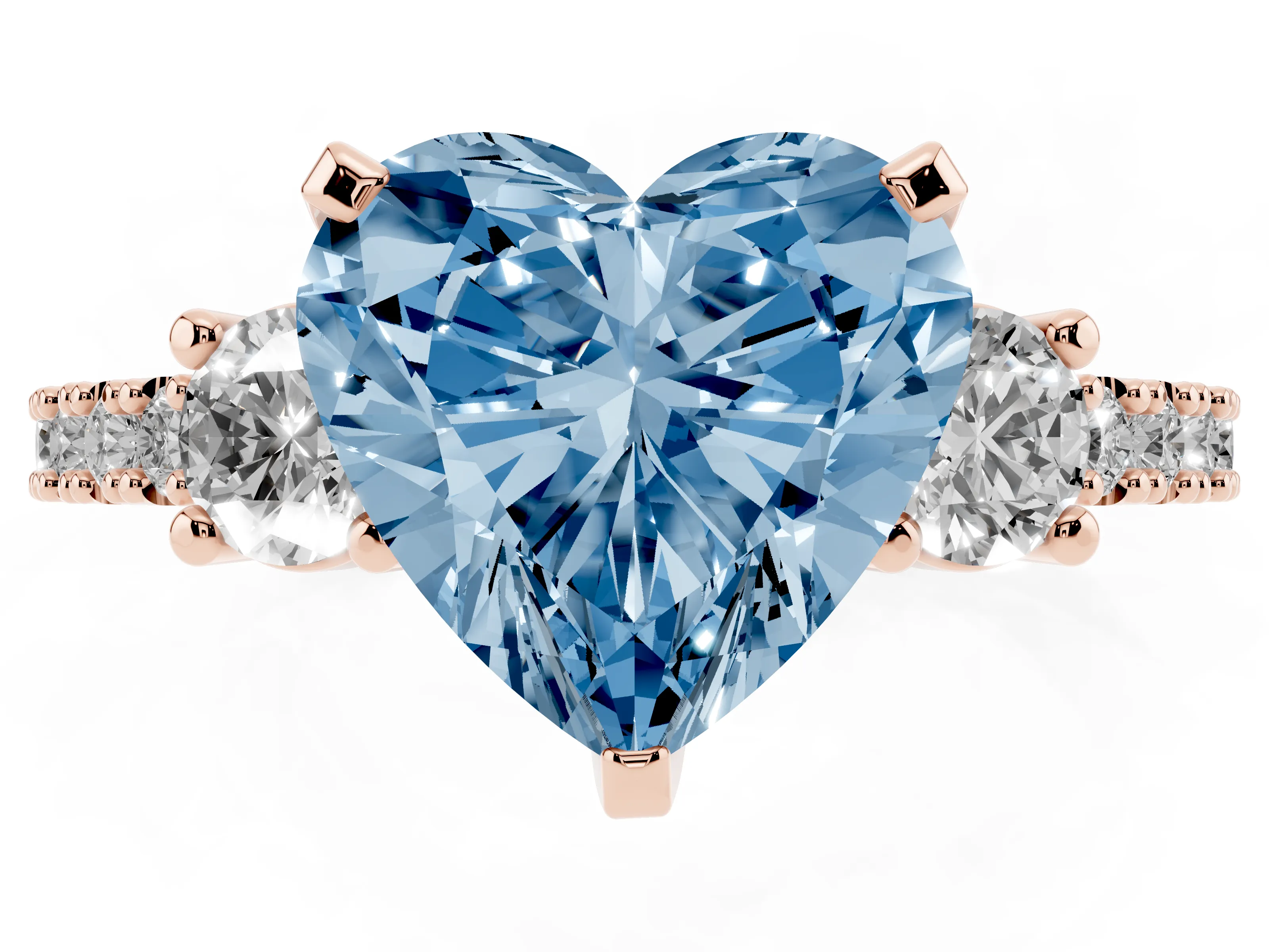 Fancy Blue Three-Stone Heart Cut Diamond Pavé Band Ring Set in Rose gold with Prong Setting