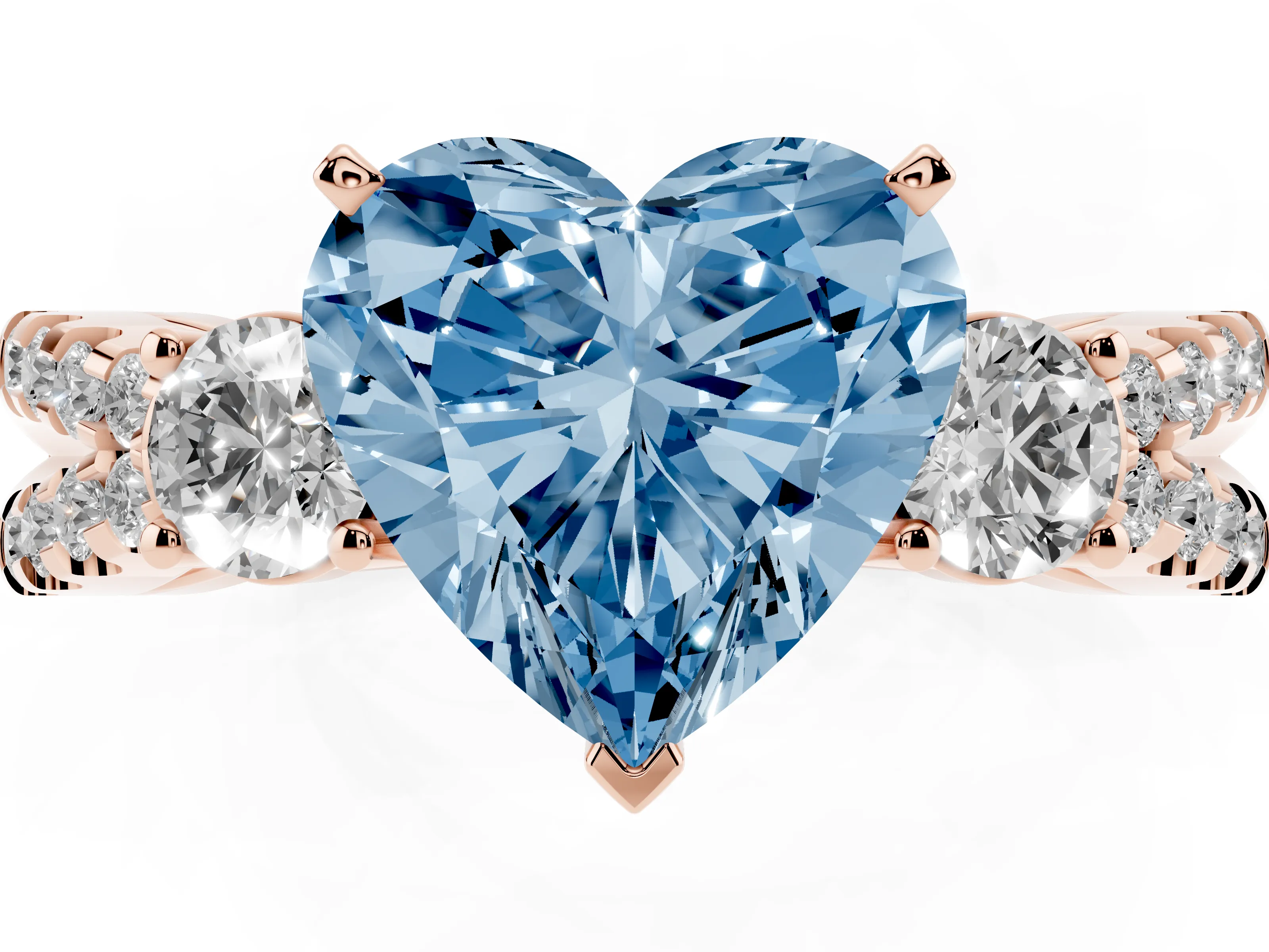 Fancy Blue Heart Cut Diamond Three-Stone Ring Set in Rose gold with Pavé Split Shank and Prong Setting