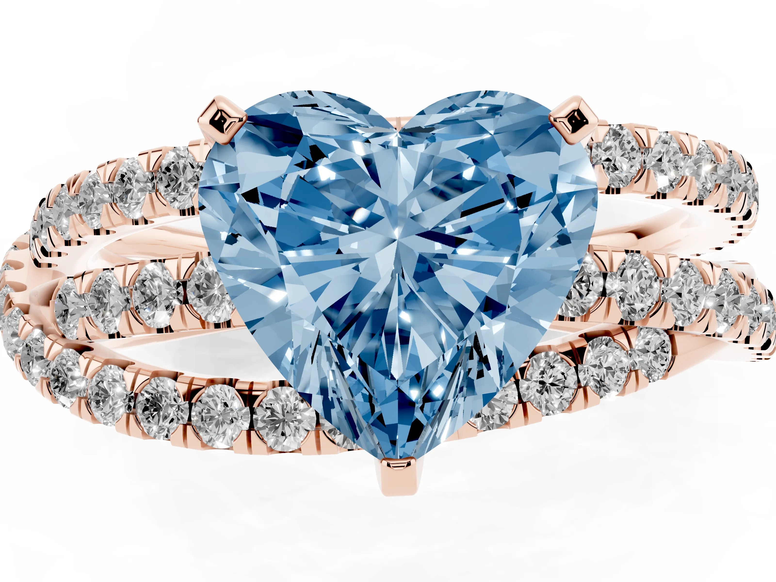 Fancy Blue Heart Cut Diamond Solitaire Twist Band Ring Set in Rose gold with Pavé Setting and Prong Head