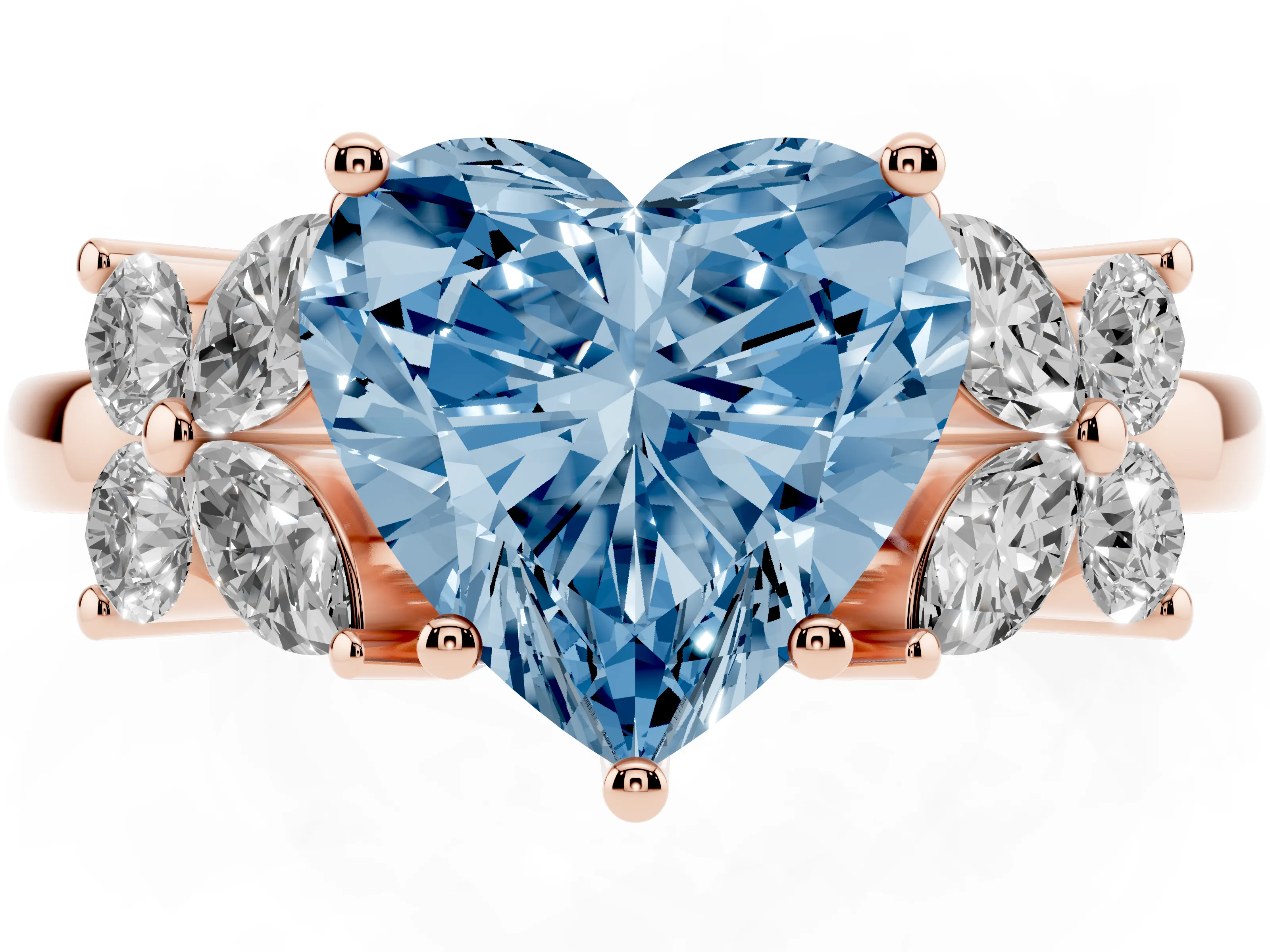 Fancy Blue Heart Cut Diamond Floral Cluster Ring Set in Rose gold with Marquise Petals and Prong Setting