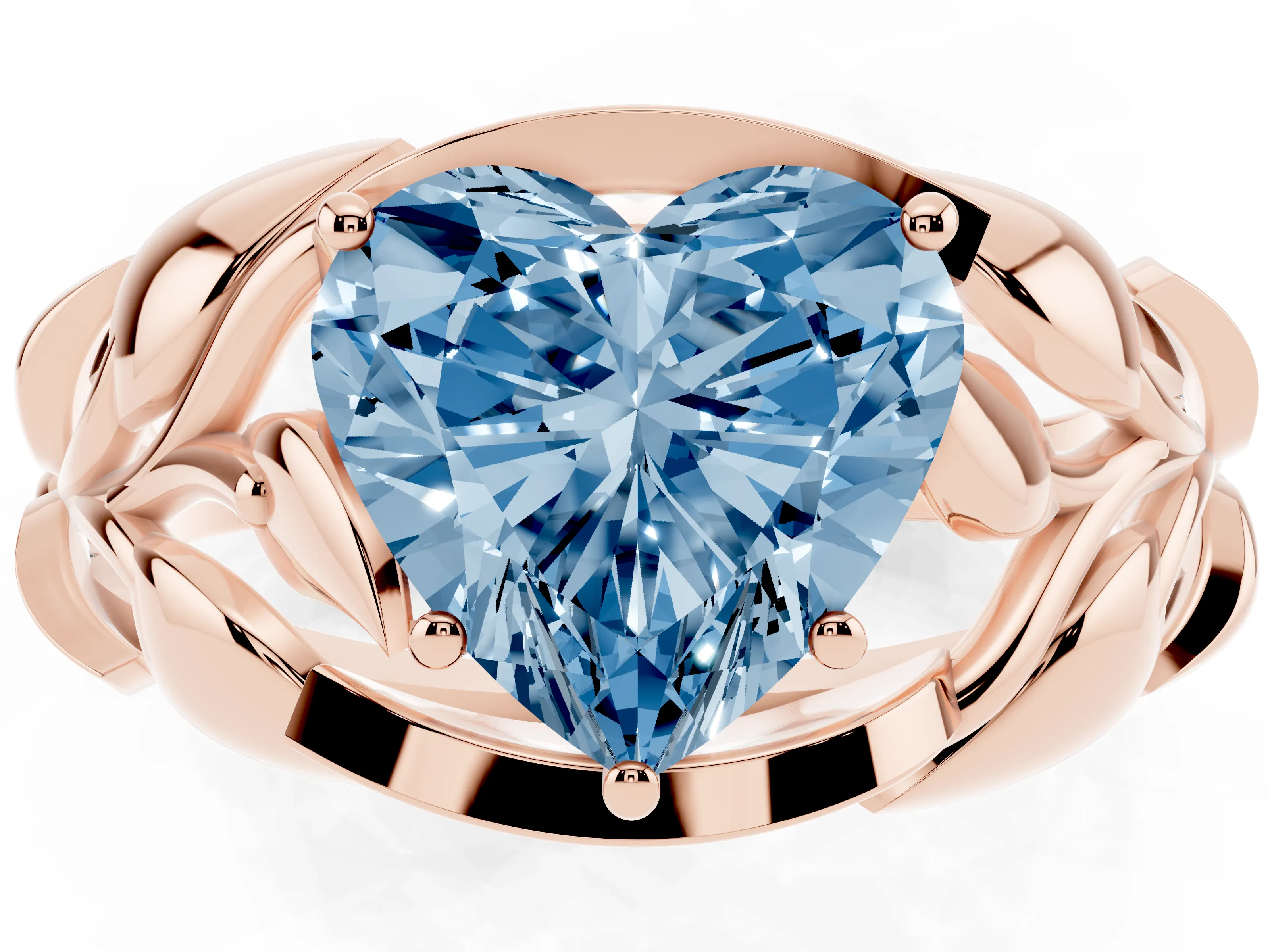 Fancy Blue Heart Cut Diamond Leaf-Inspired Engagement Ring Set in Rose gold with Round Accents