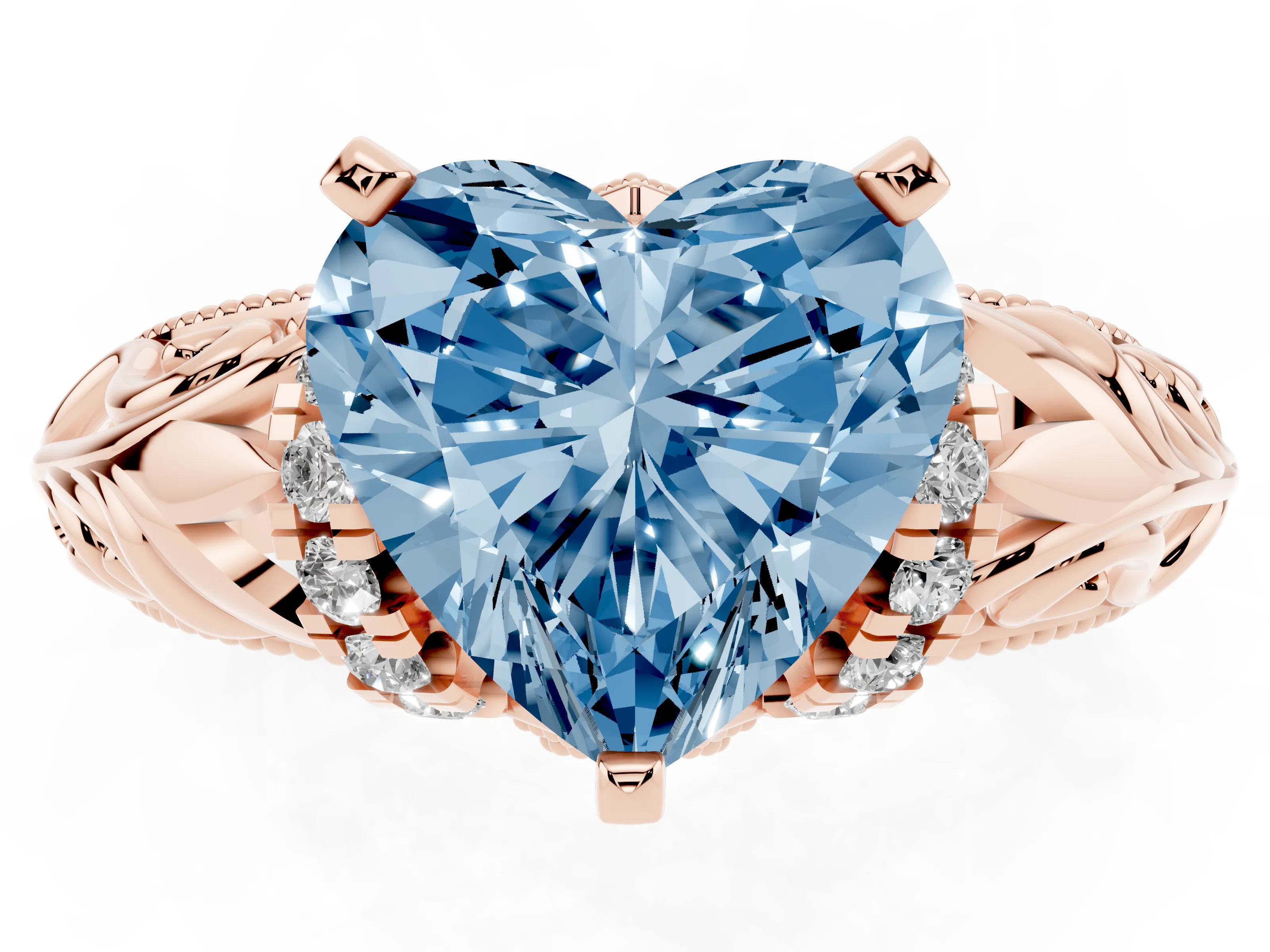 Fancy Blue Heart Cut Diamond Filigree Halo Engagement Ring Set in Rose gold with Prong Setting