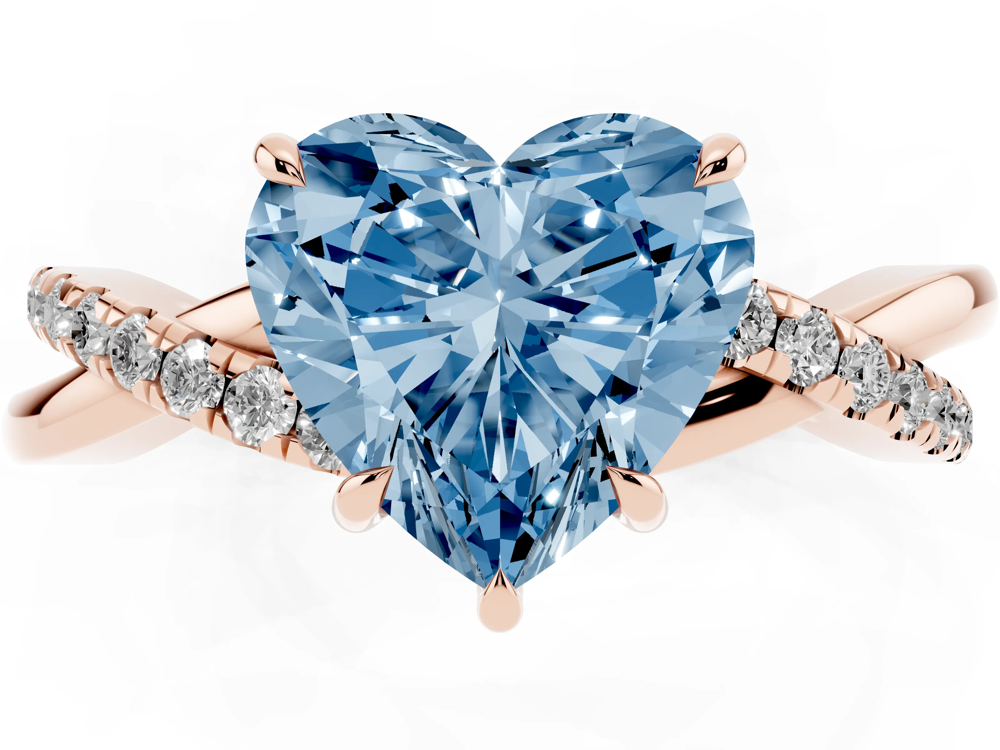 Fancy Blue Heart Cut Diamond Twisted Pavé Band Ring Set in Rose gold with Prong Setting