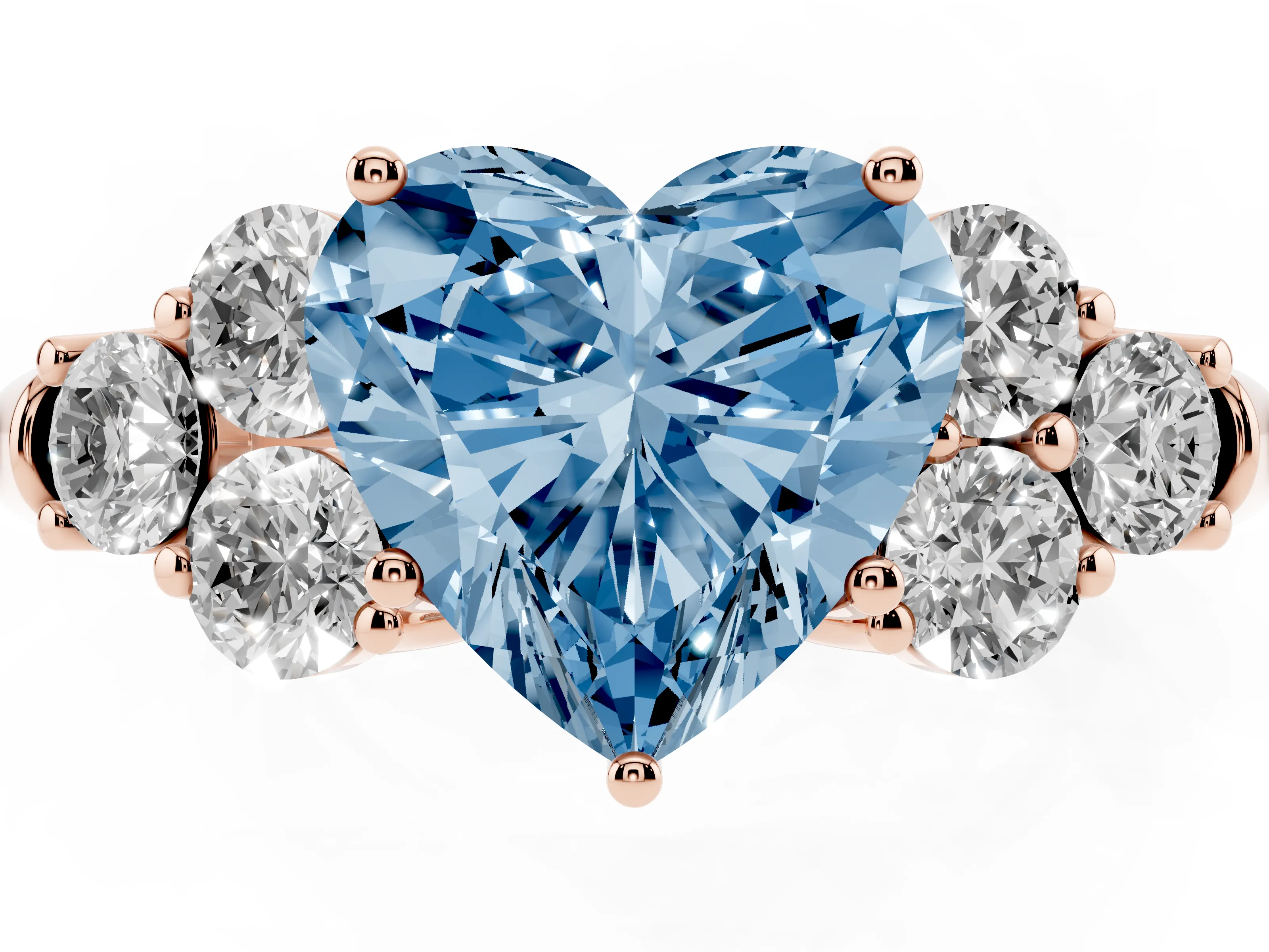 Fancy Blue Heart Cut Diamond Cluster Ring Set in Rose gold with Round Accent Stones and Prong Setting on a Plain Band