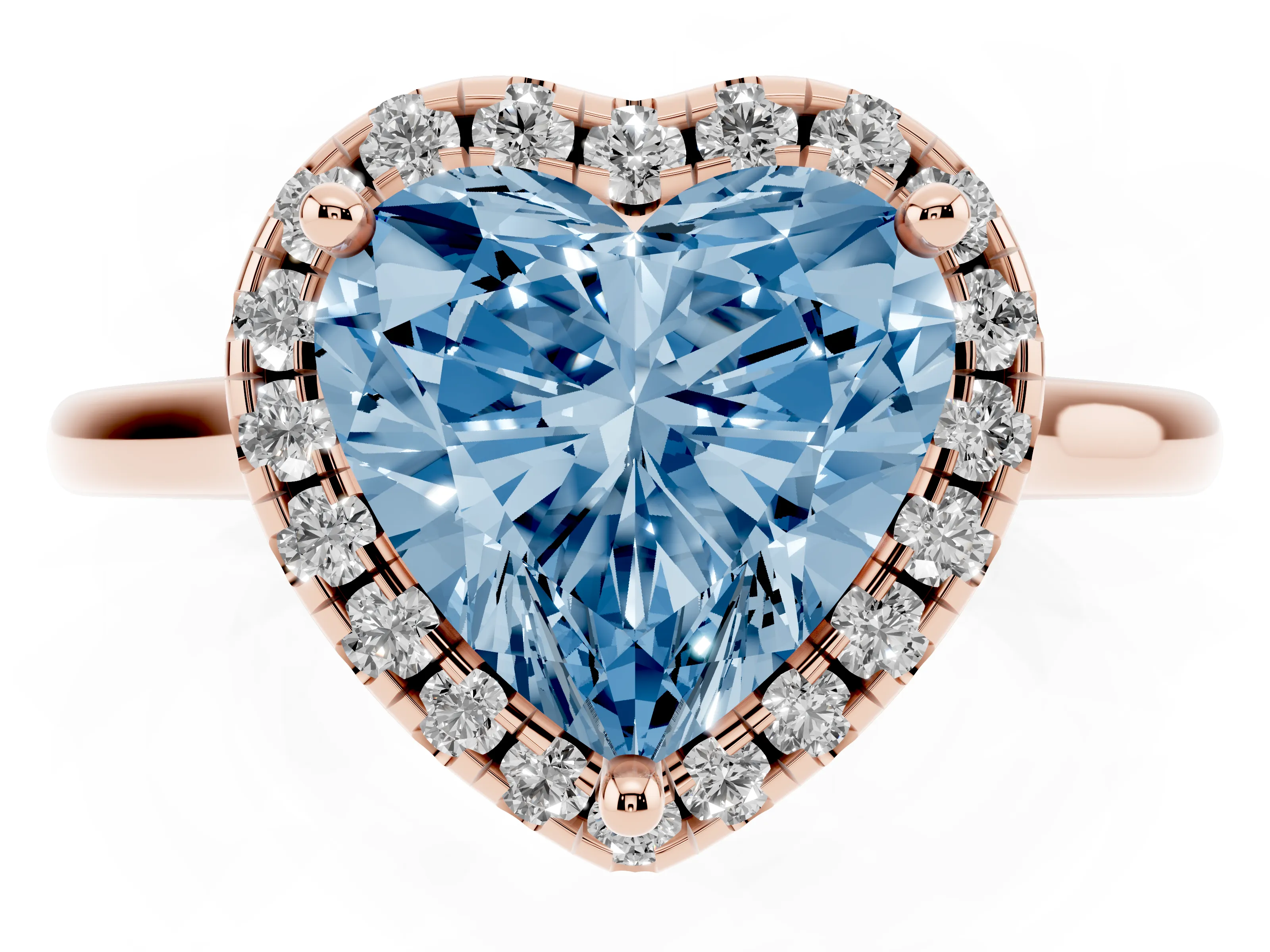 Fancy Blue Heart Cut Diamond Halo Engagement Ring Set in Rose gold with Pavé Band and Rising Shoulders